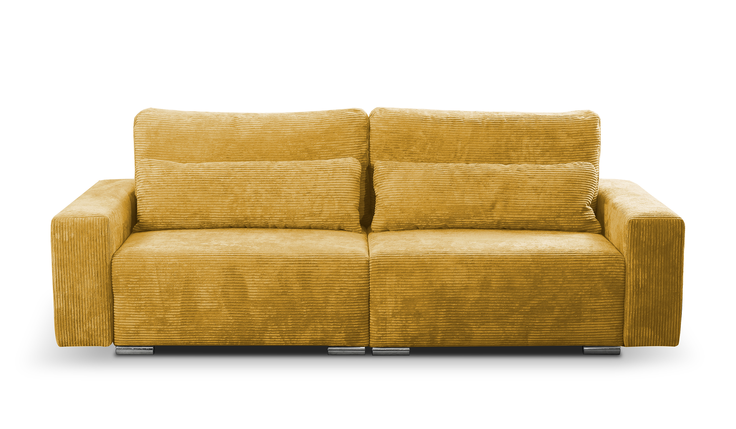 Kanapa rozkładana trzyosobowa Catalista musztardowa z pojemnikiem sztruks nogi srebrne - zdjęcie 1