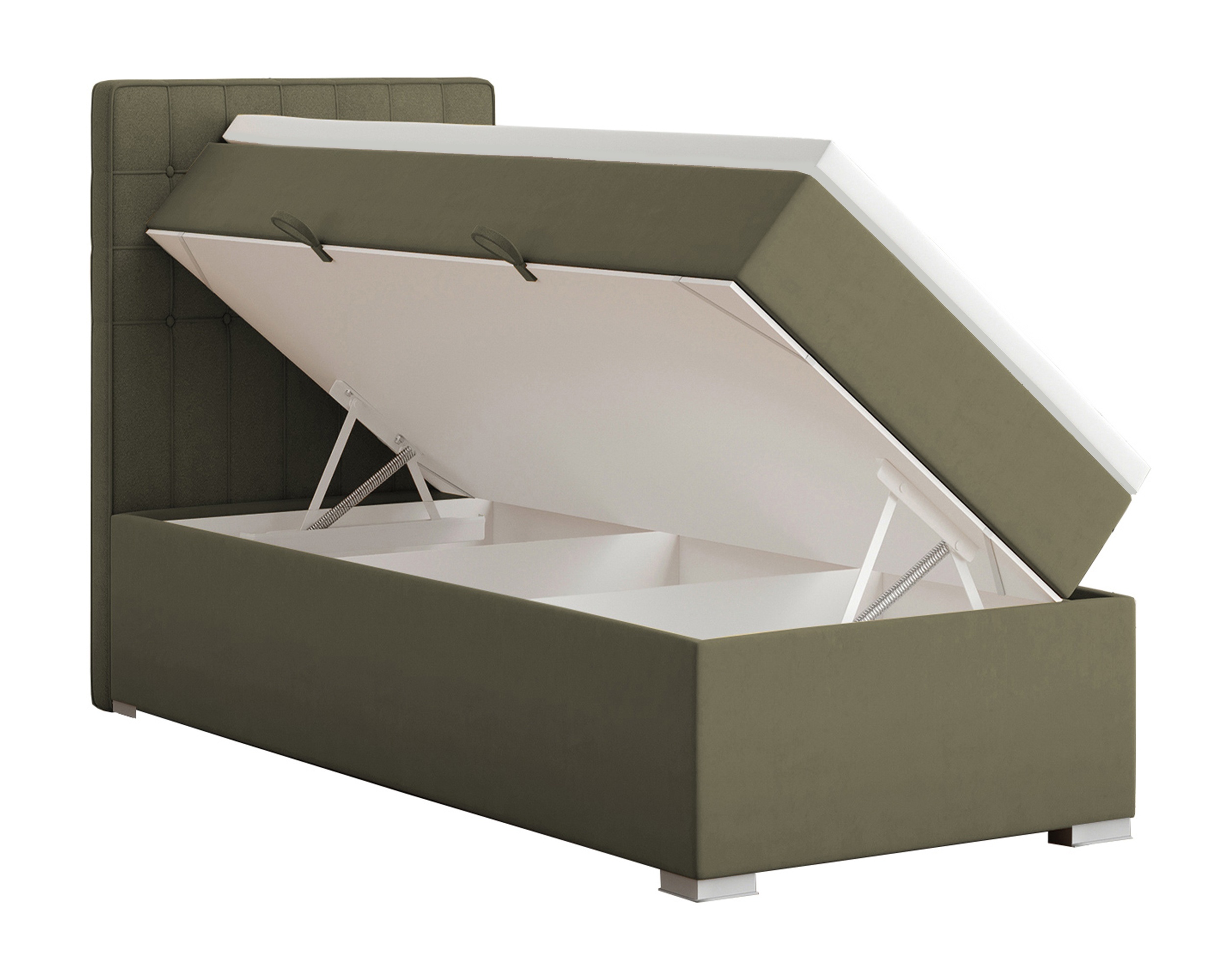 Łóżko kontynentalne 90x200 cm Ketlin z pojemnikiem i topperem oliwkowe welur hydrofobowy lewostronne - zdjęcie 1
