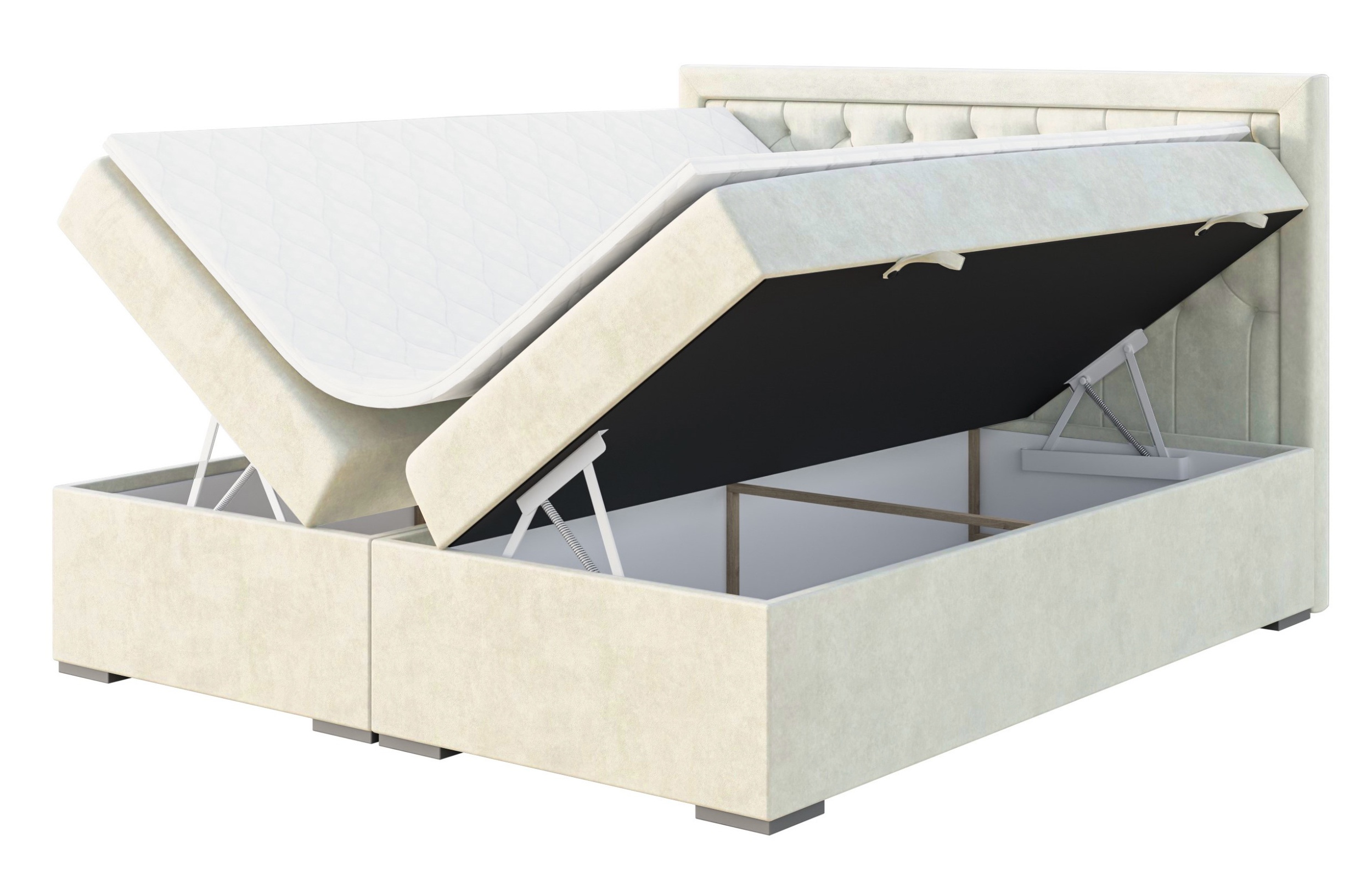 Łóżko kontynentalne 180x200 cm Periana z pojemnikami i topperem kremowe welur hydrofobowy