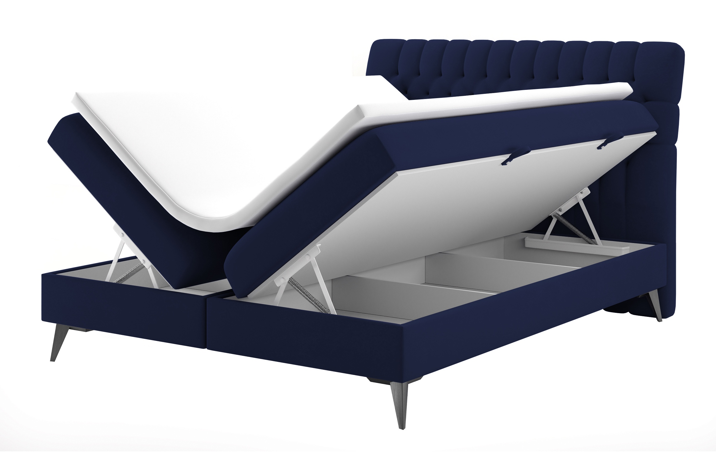 Łóżko kontynentalne 180x200 cm Rubeuz z pojemnikami i topperem granatowe welur hydrofobowy - zdjęcie 1