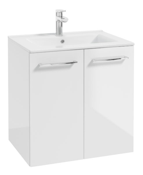 Szafka pod umywalkę Modullac 60 cm dwudrzwiowa biały połysk ze srebrnym uchwytem - zdjęcie 1