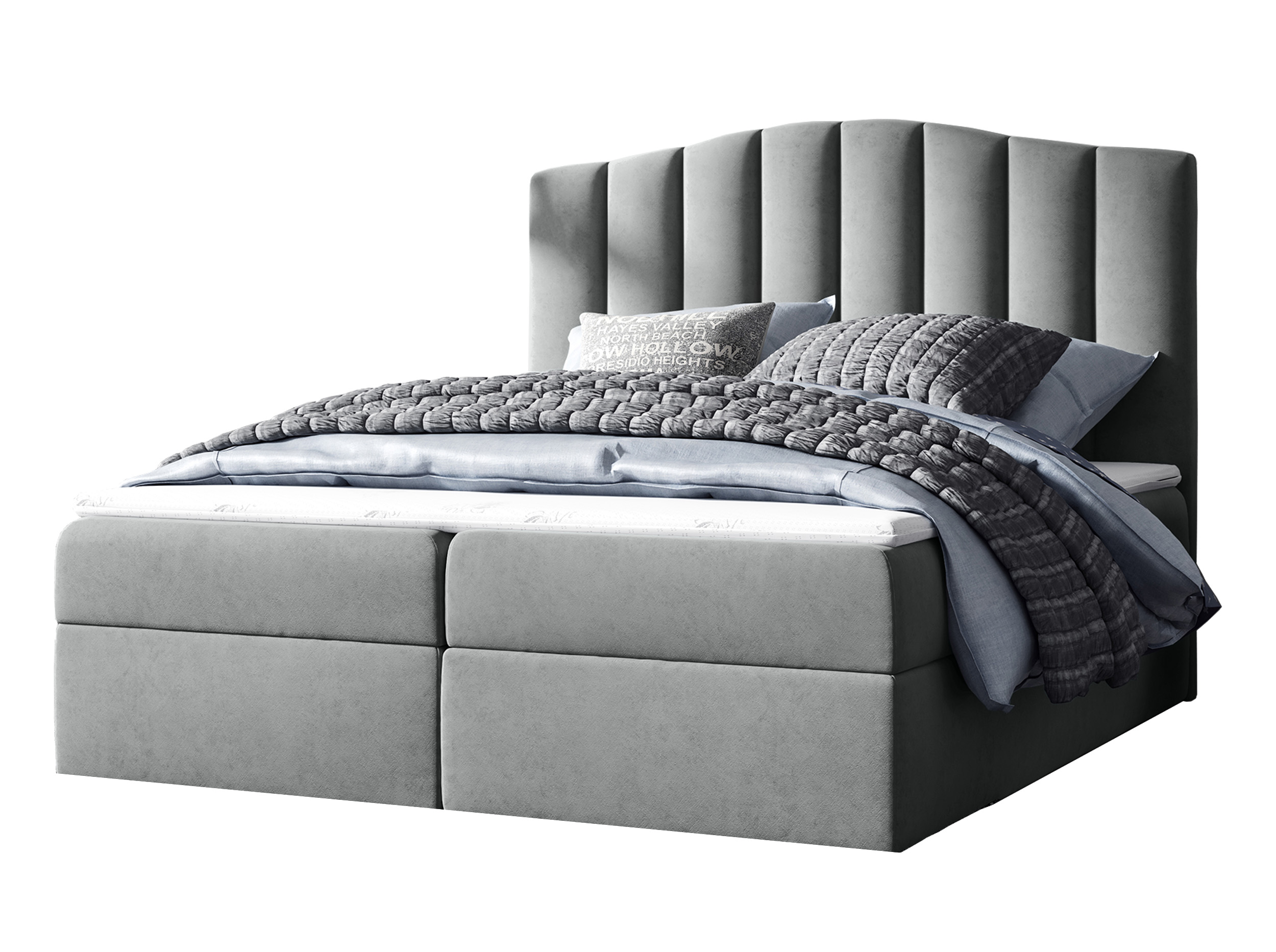 Łóżko kontynentalne Alcudia 120x200 z dwoma pojemnikami, materacem i topperem szare hydrofobowe