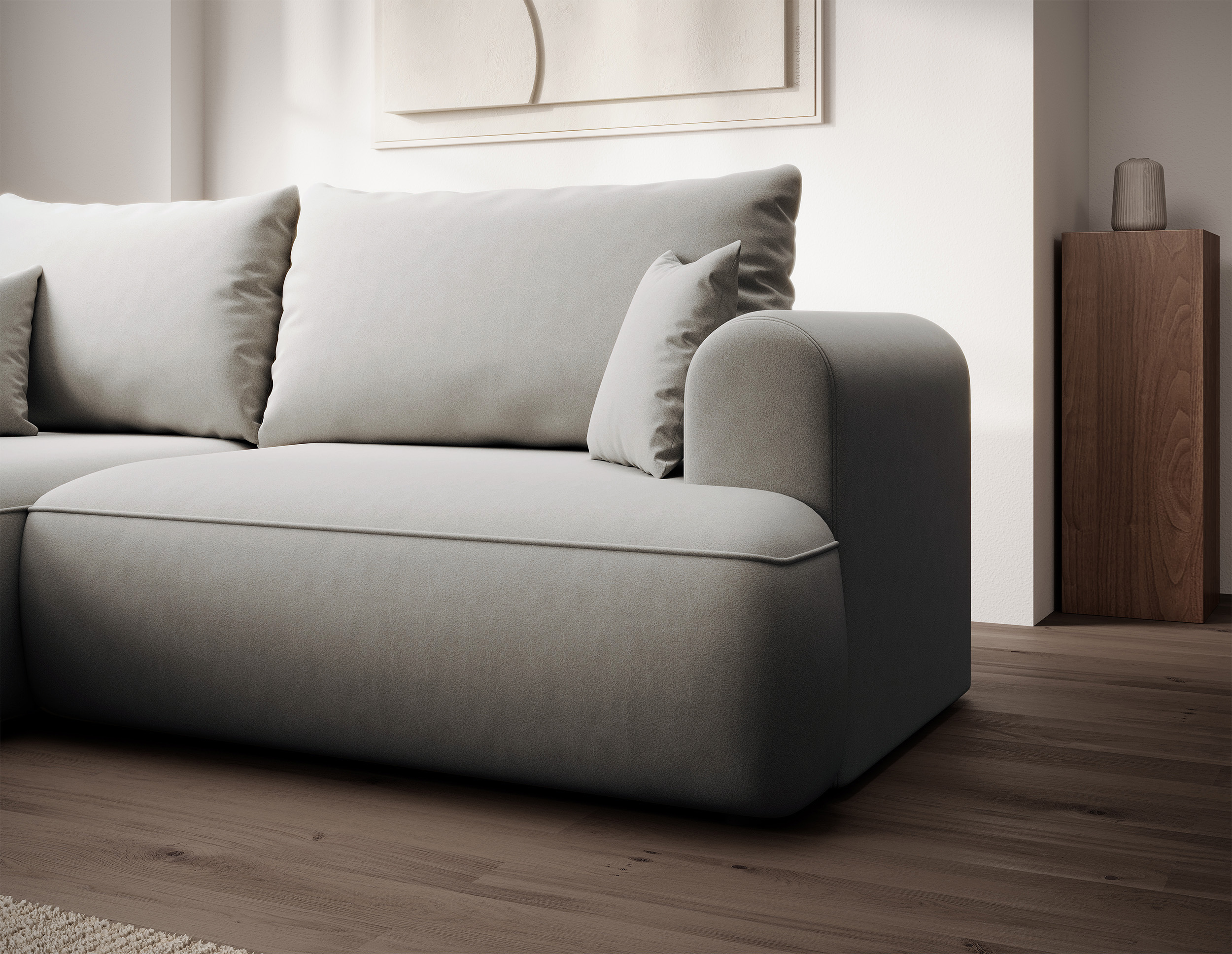 Szary narożnik Ovo mini L-kształtny z funkcją spania i pojemnikiem na pościel.