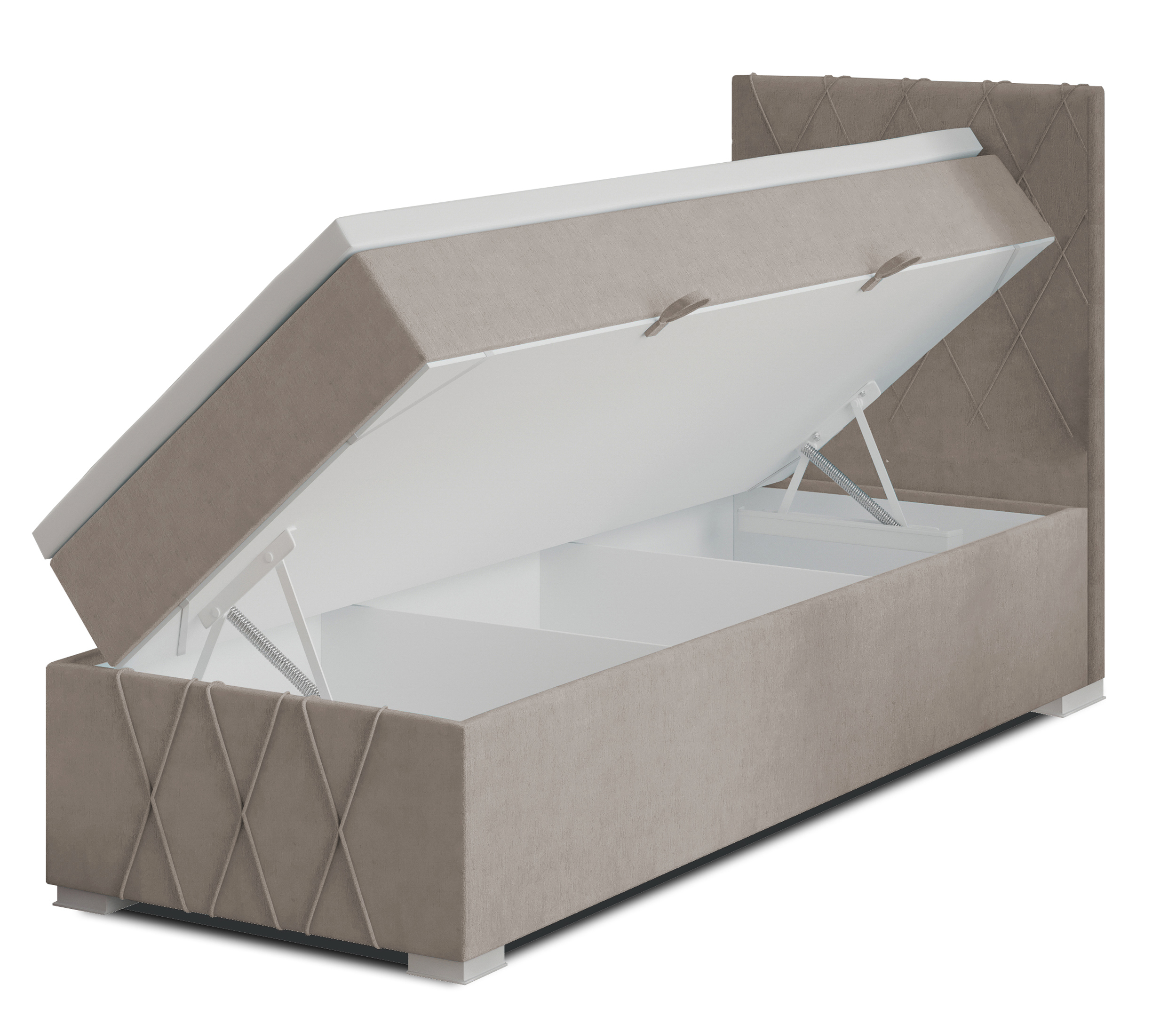 Łóżko kontynentalne 90x200 cm Segarati z pojemnikiem i topperem beżowe welur hydrofobowy prawostronne