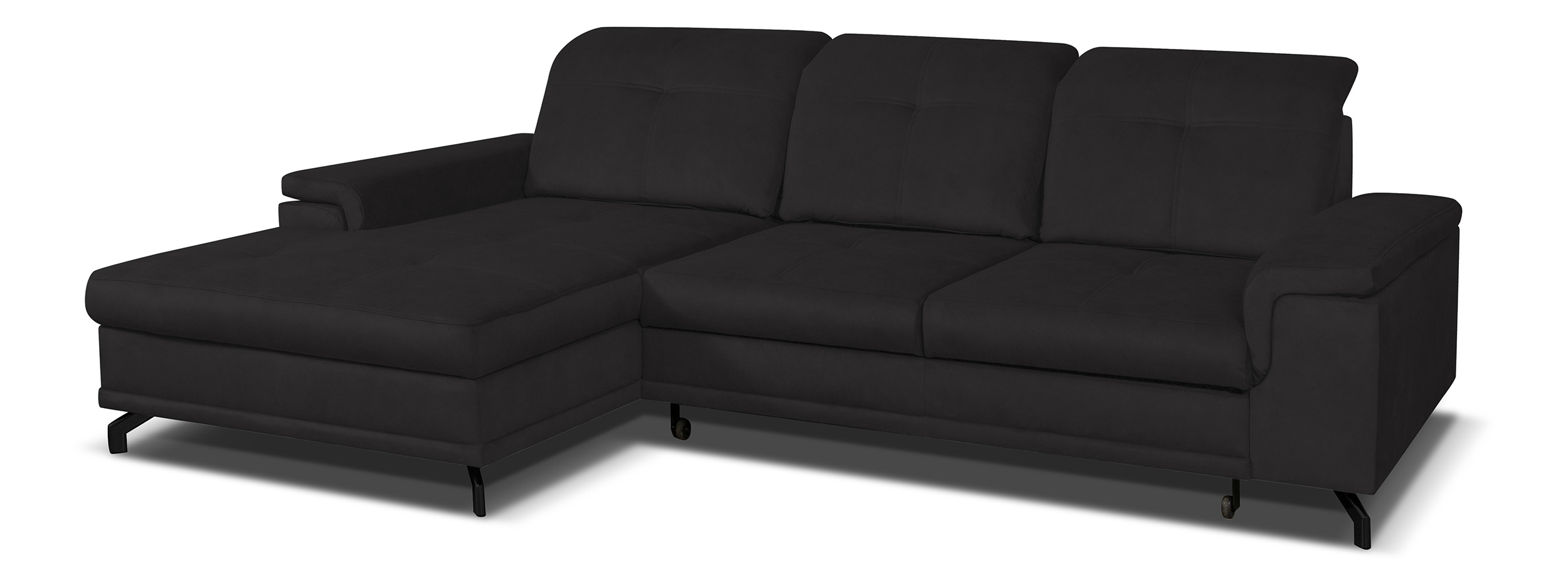 Narożnik z funkcją spania Berberati L-kształtny czarny nogi czarne velvet hydrofobowy z pojemnikiem lewostronny