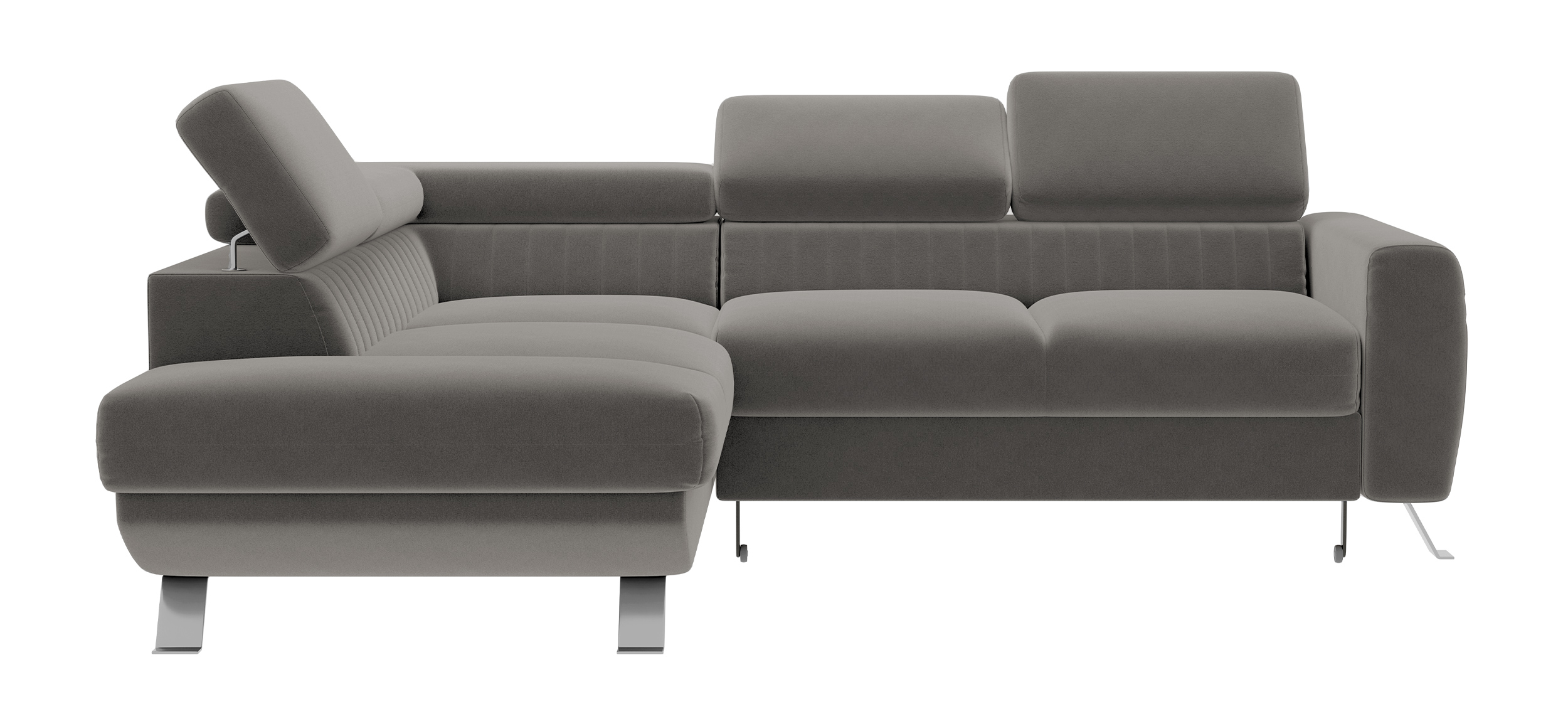 Narożnik z funkcją spania Bambito L-kształtny z pojemnikiem i regulowanymi zagłówkami szarobrązowy welur hydrofobowy lewostronny - zdjęcie 1