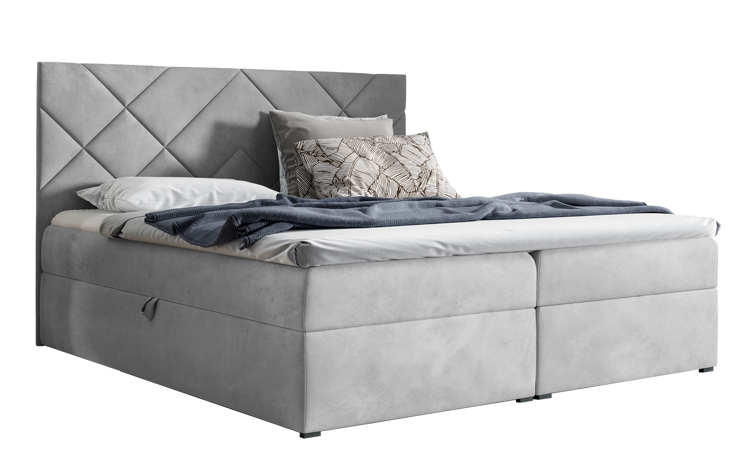 Łóżko kontynentalne Mubappa 140x200 z dwoma pojemnikami, materacem i topperem szare hydrofobowe - zdjęcie 1