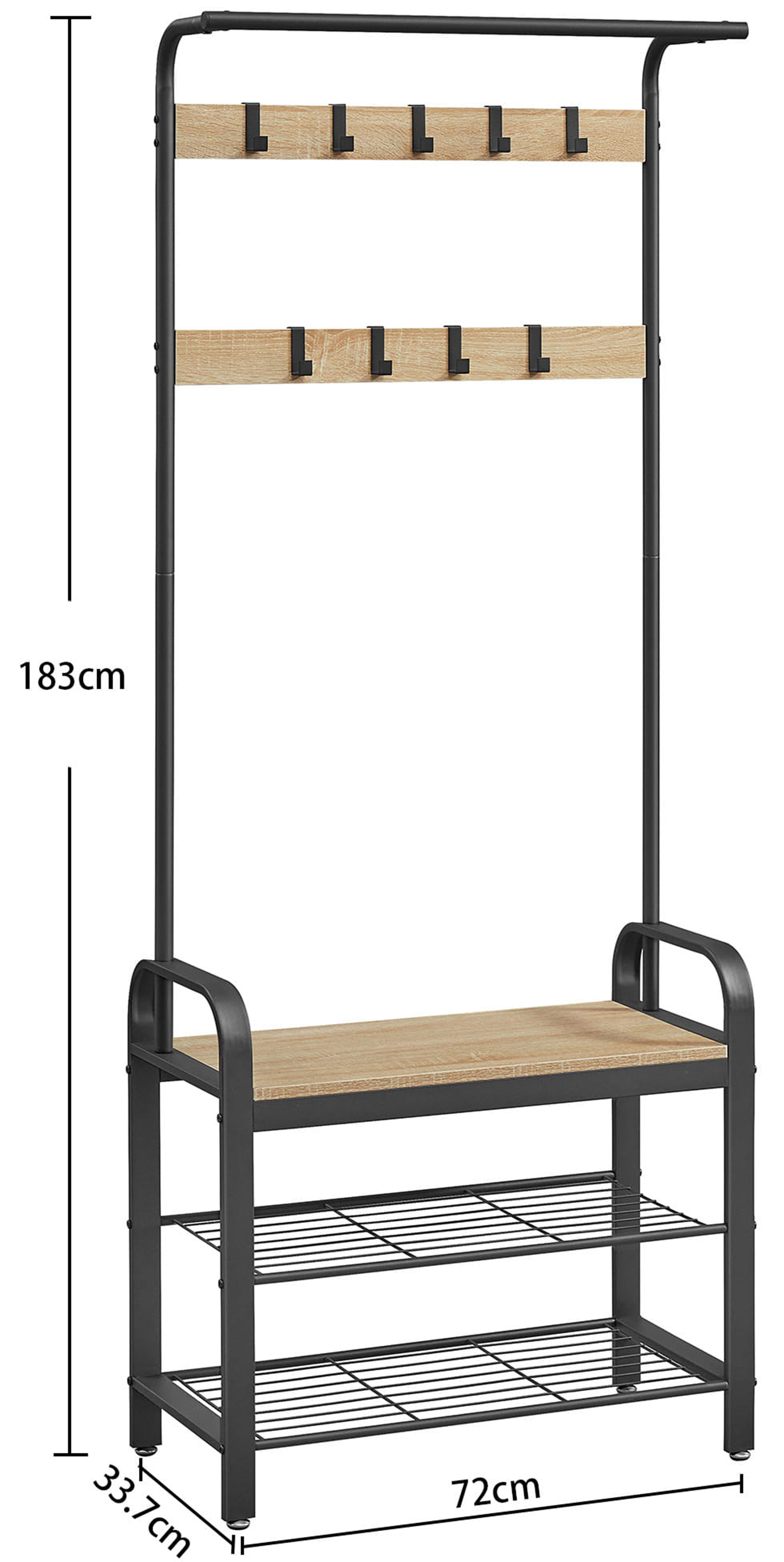 Wieszak stojący Sonvero z dwiema ażurowymi półkami 183 cm czarny