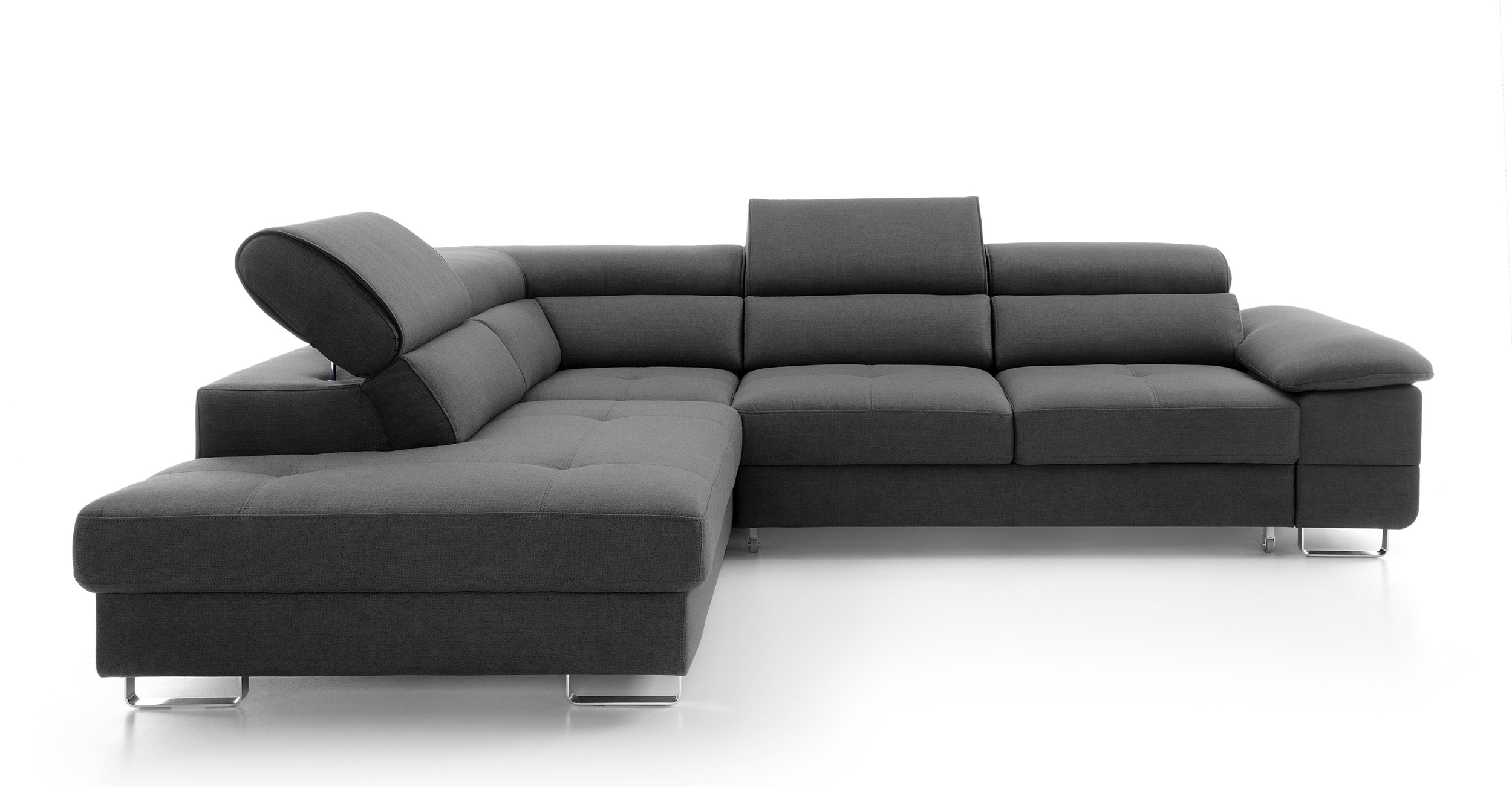 Narożnik z funkcją spania Lardos z pojemnikiem ciemnoszary w tkaninie hydrofobowej plecionka prawostronny