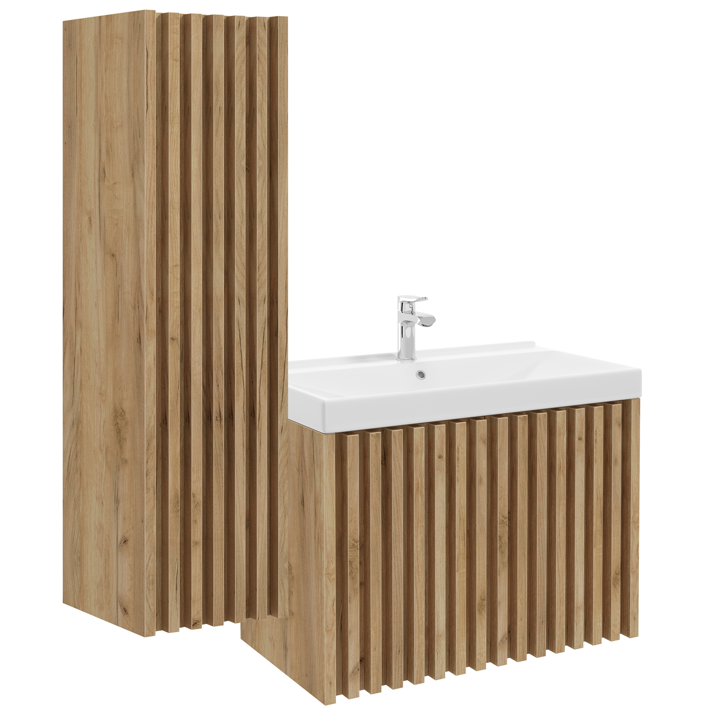 Zestaw mebli łazienkowych Mondola z wysokim regałem, szafką pod umywalkę 80 cm oraz umywalką  - zdjęcie 1