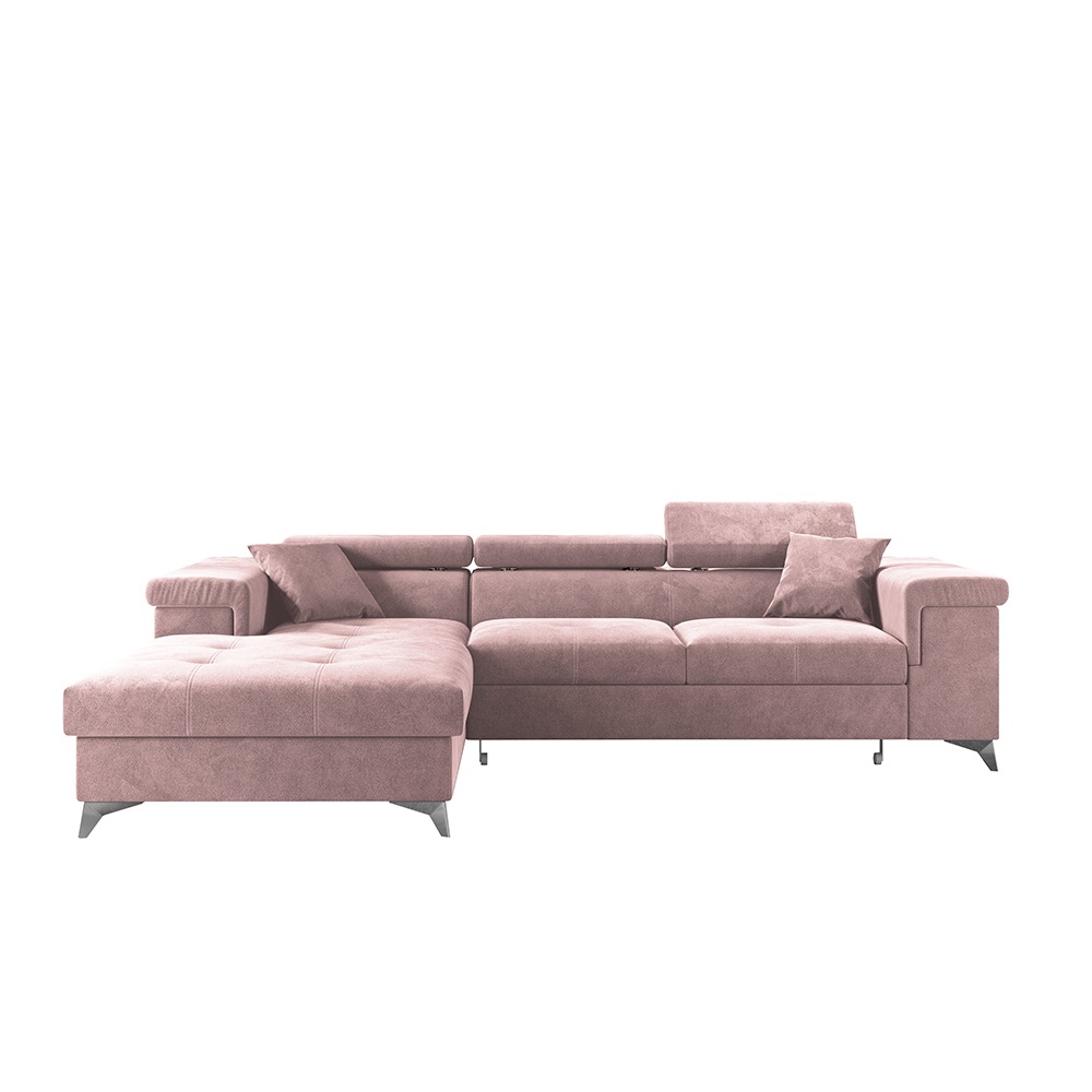 Narożnik z funkcją spania Mikkara L-kształtny z pojemnikiem różowy w tkaninie hydrofobowej lewostronny - zdjęcie 1