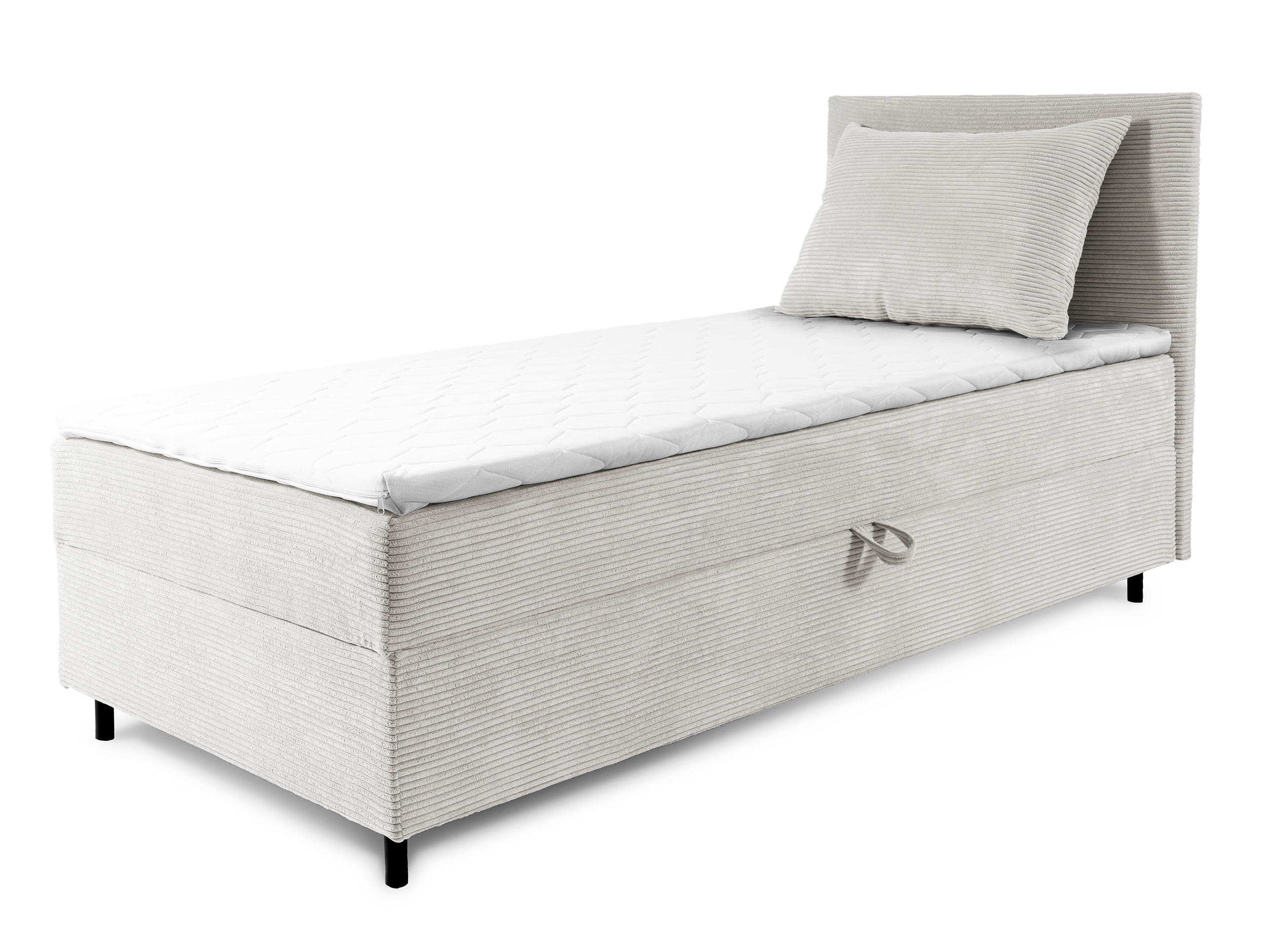 Łóżko kontynentalne jednosobowe Montigo Mini 100x200 cm z pojemnikiem, topperem i poduszką kremowe sztruks nogi czarne prawostronne - zdjęcie 1