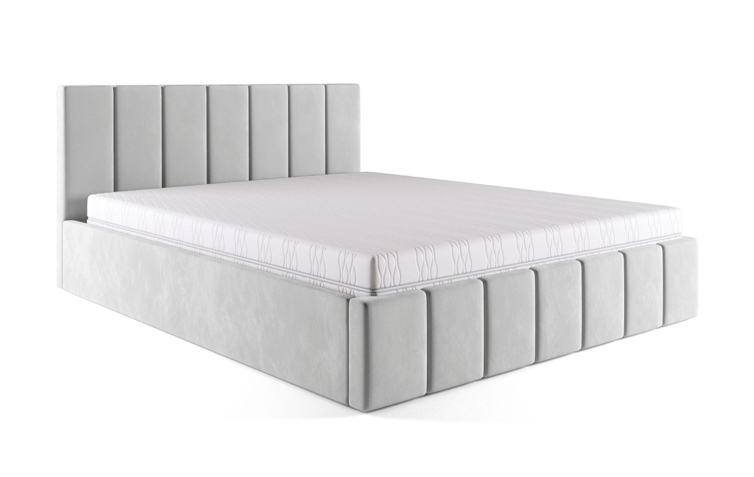 Łóżko tapicerowane 140x200 cm Vanimo jasnoszare z pojemnikiem steleż drewniany