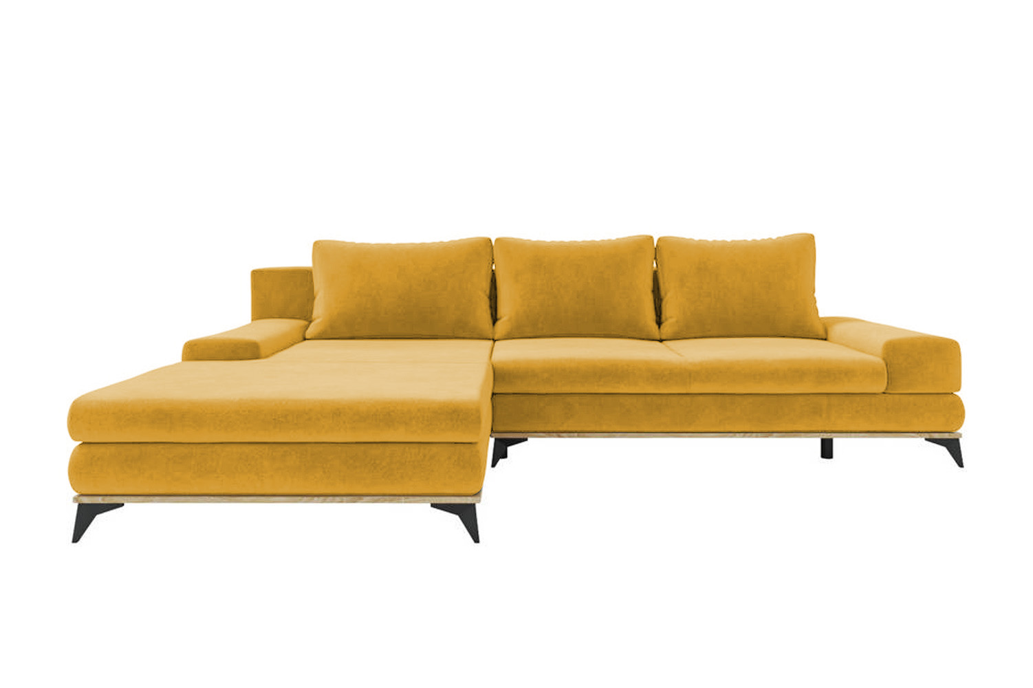 Narożnik z funkcją spania Stoverto L-kształtny z pojemnikiem musztardowy w tkaninie hydrofobowej prawostronny