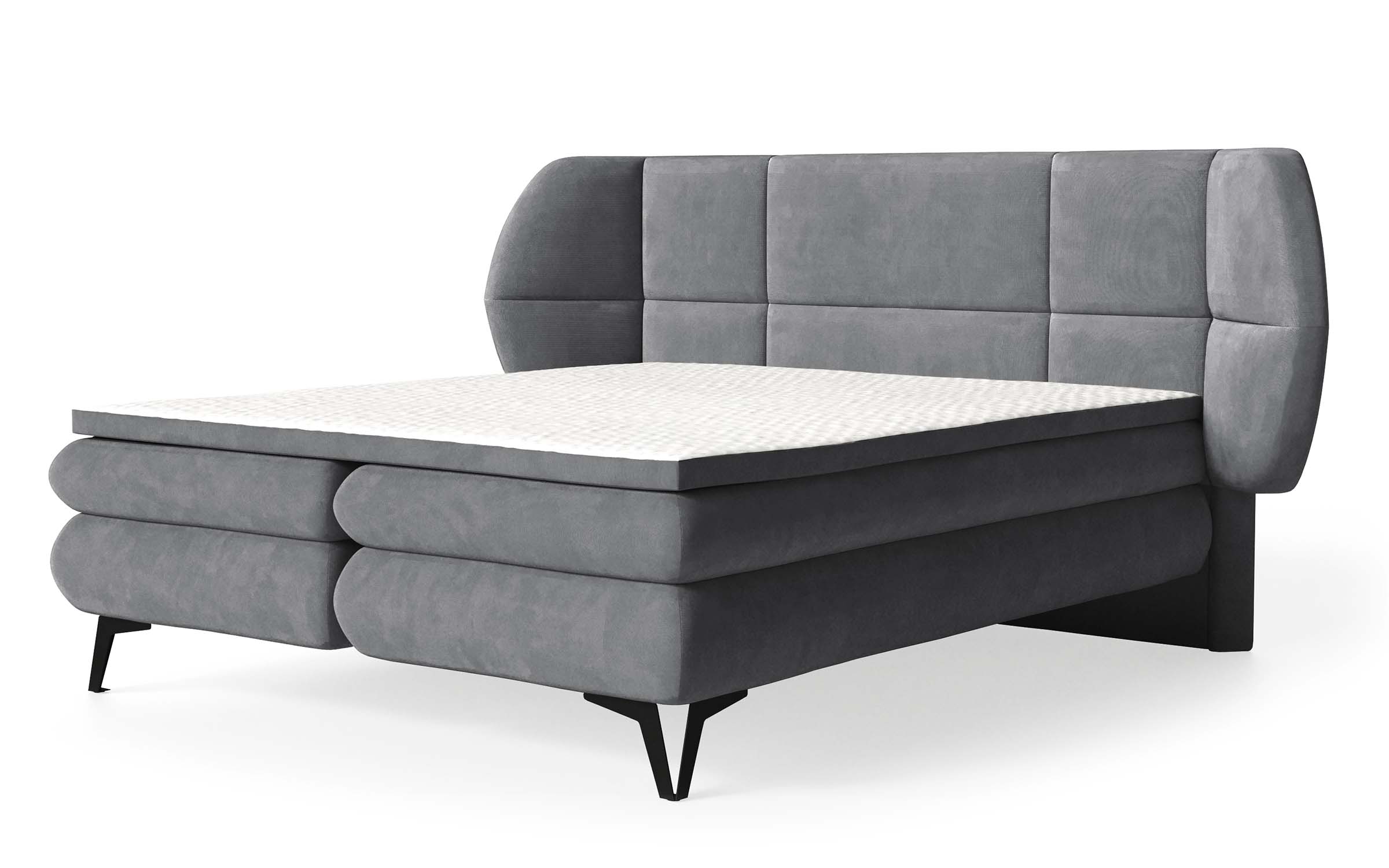 Łóżko kontynentalne 160x200 cm Cermone z pojemnikami i topperem panelowe przeszycia na wezgłowiu szare - zdjęcie 1