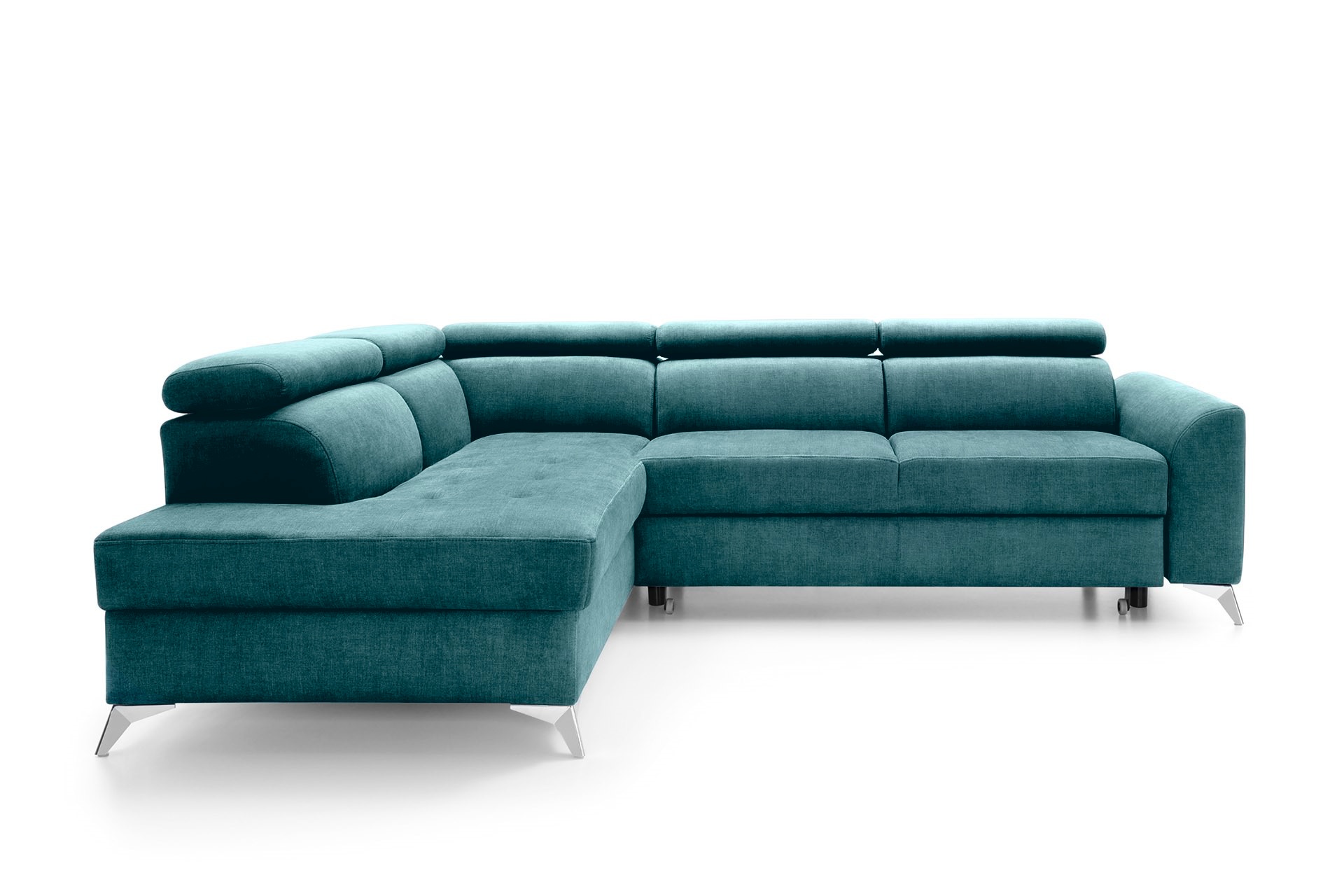 Narożnik z funkcją spania Beress L-kształtny z regulowanymi zagłówkami i pojemnikiem niebieski welwet łatwoczyszczący lewostronny