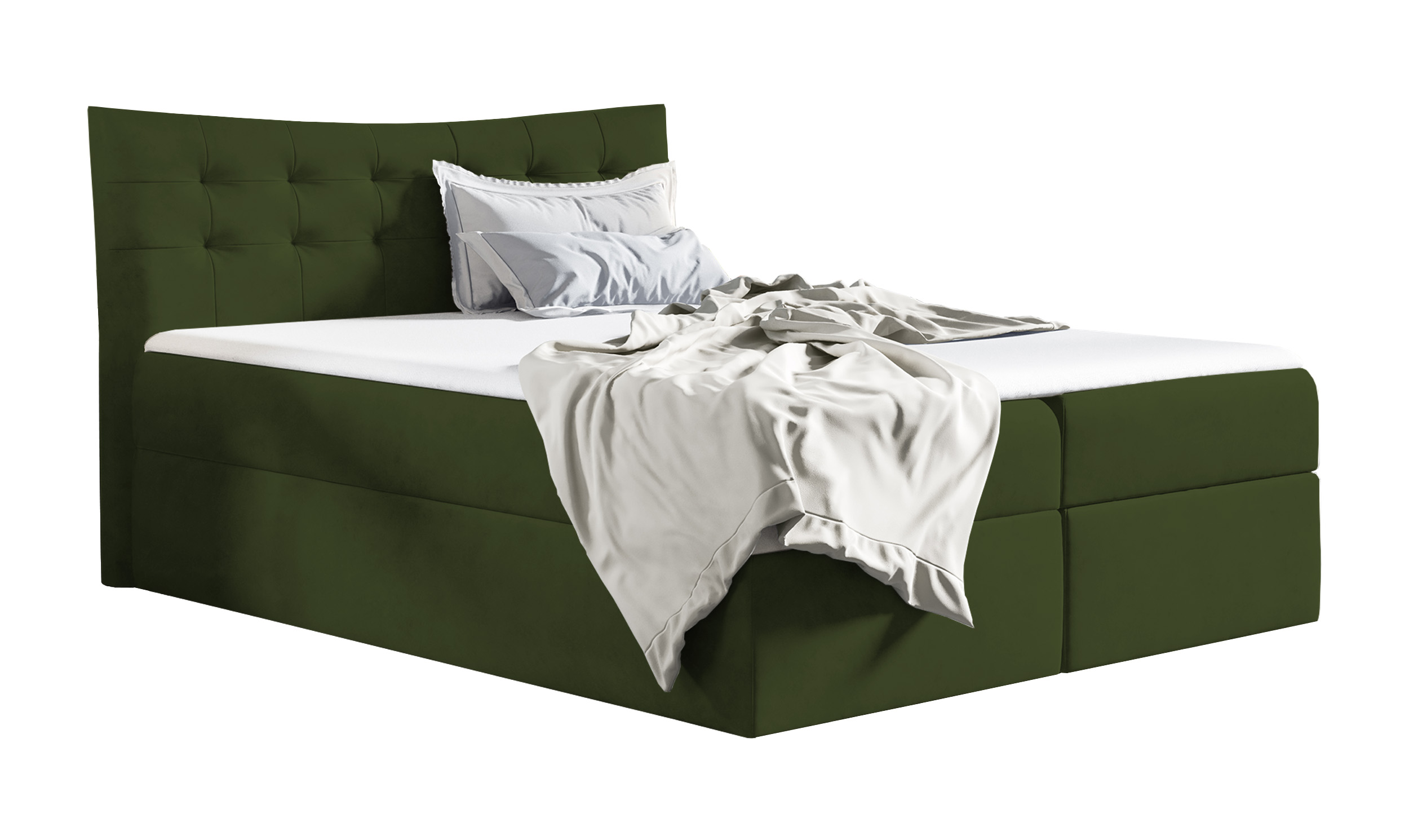 Łóżko kontynentalne Ramblano 120x200 z dwoma pojemnikami, materacem i topperem oliwkowe hydrofobowe