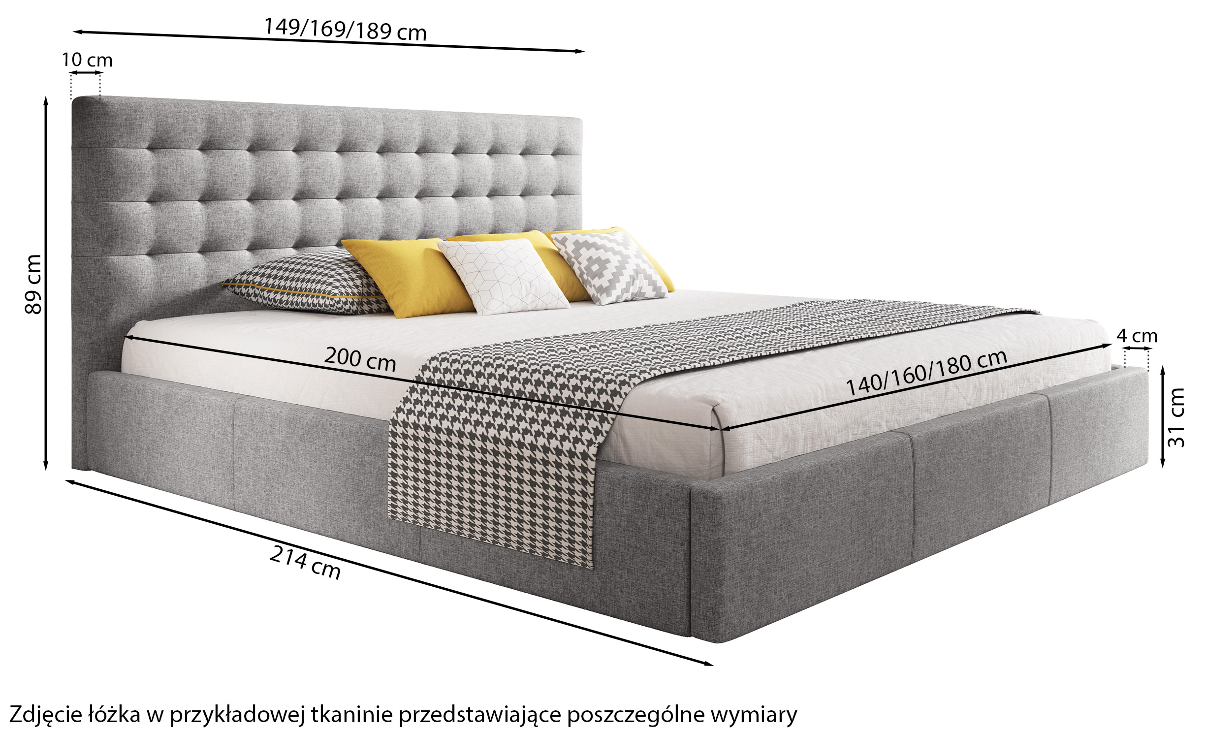 Łóżko tapicerowane 140x200 cm Veramo z pojemnikiem grafitowe plecionka