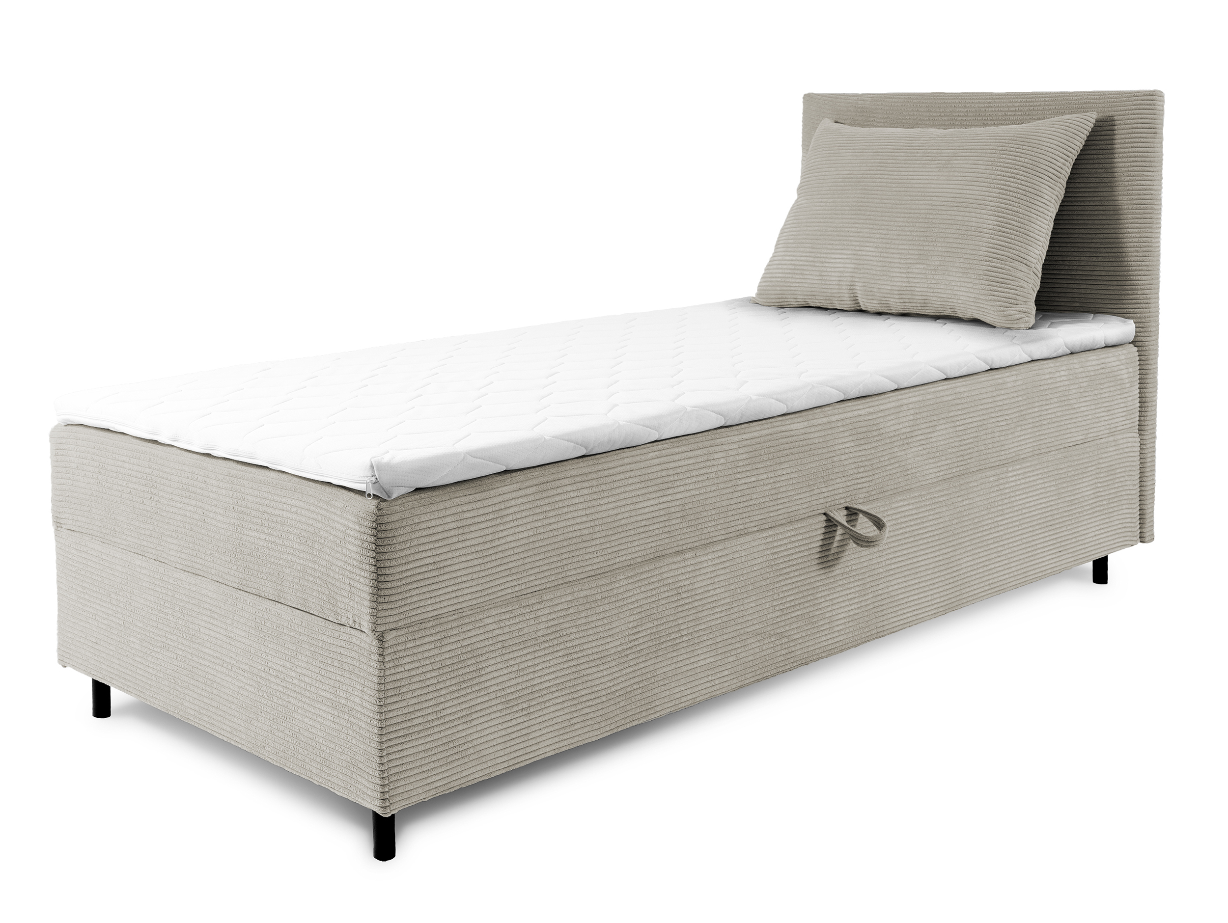 Łóżko kontynentalne jednosobowe Montigo Mini 100x200 cm z pojemnikiem, topperem i poduszką beżowe sztruks nogi czarne prawostronne - zdjęcie 1