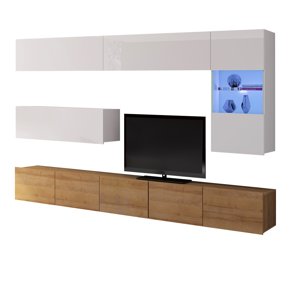 Meblościanka Kirdon z trzema wiszącymi półkami i witryną Dąb złoty / Biały  - zdjęcie 1