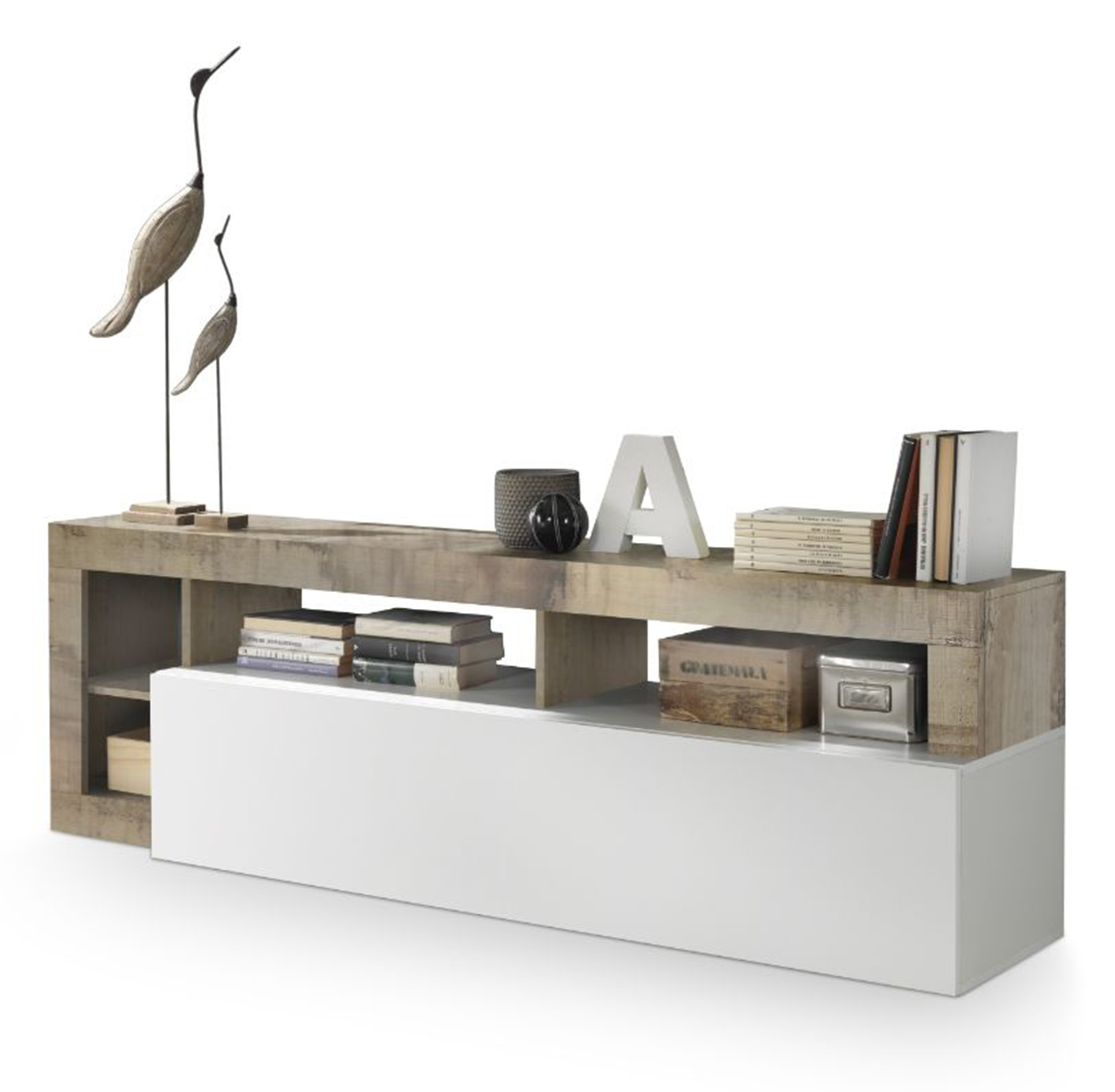 Szafka RTV Preepe biała/jasnobrązowa - zdjęcie 1