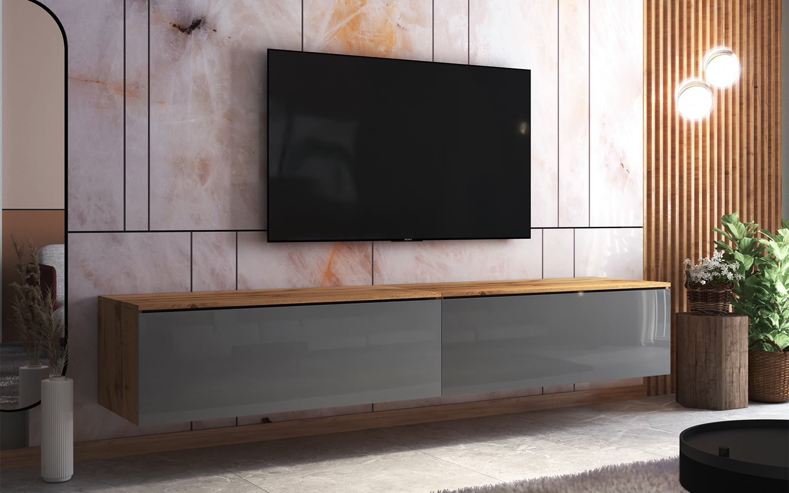 Szafka RTV Skylara 200 cm Dąb wotan / szary połysk