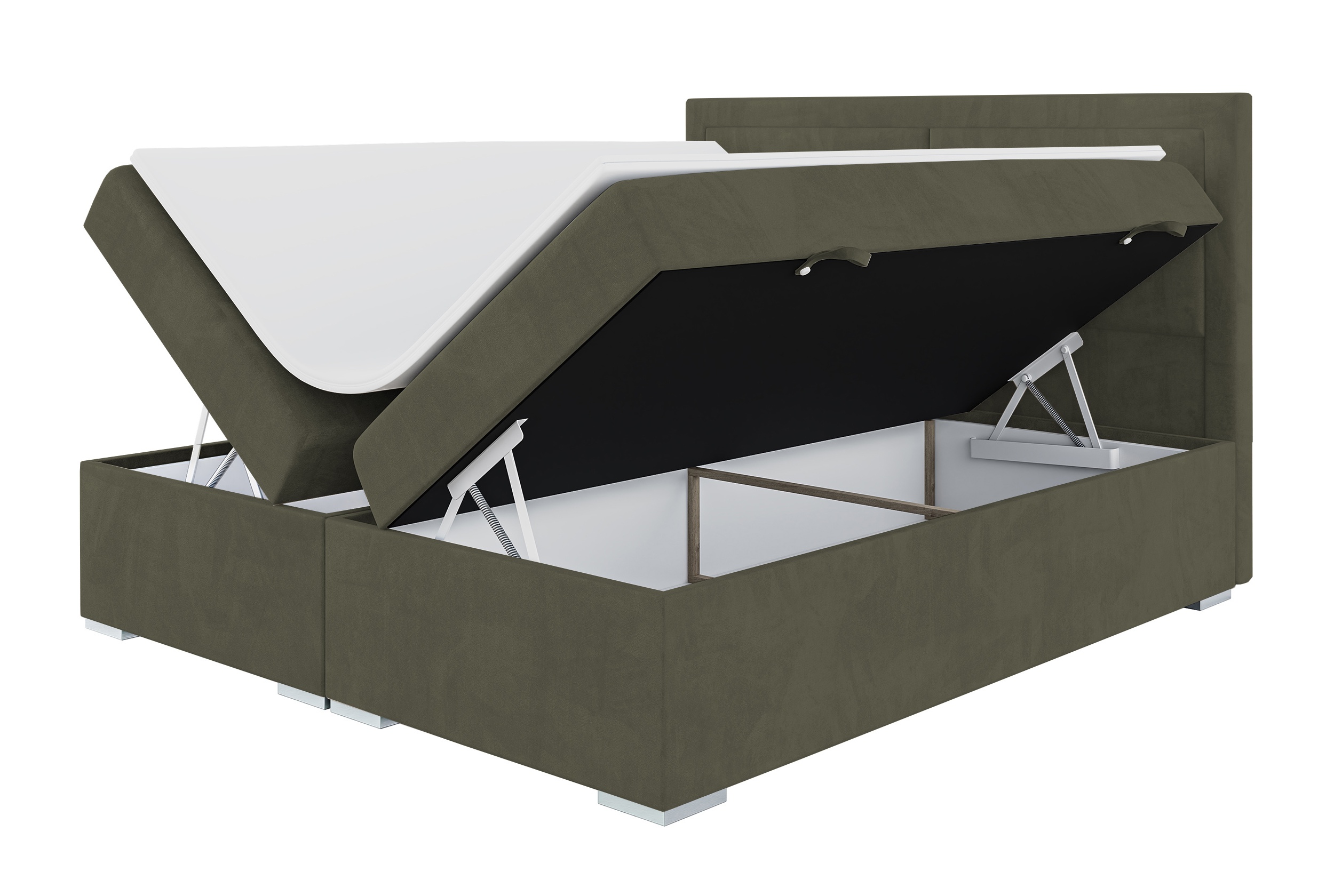 Łóżko kontynentalne 180x200 cm Pelisa z pojemnikami i topperem oliwkowe welur hydrofobowy - zdjęcie 1