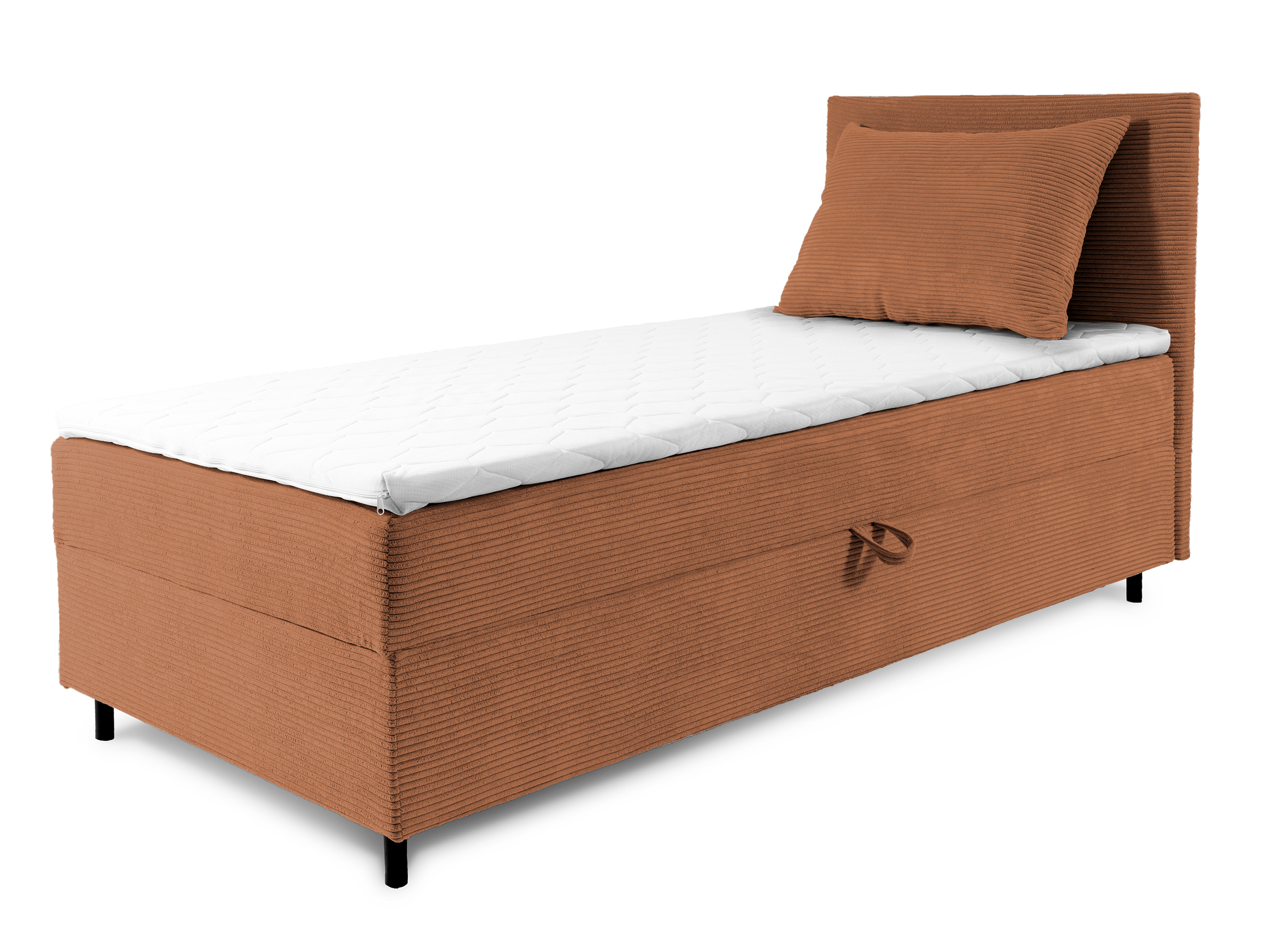 Łóżko kontynentalne jednosobowe Montigo Mini 70x200 cm z pojemnikiem, topperem i poduszką miedziane sztruks nogi czarne prawostronne - zdjęcie 1