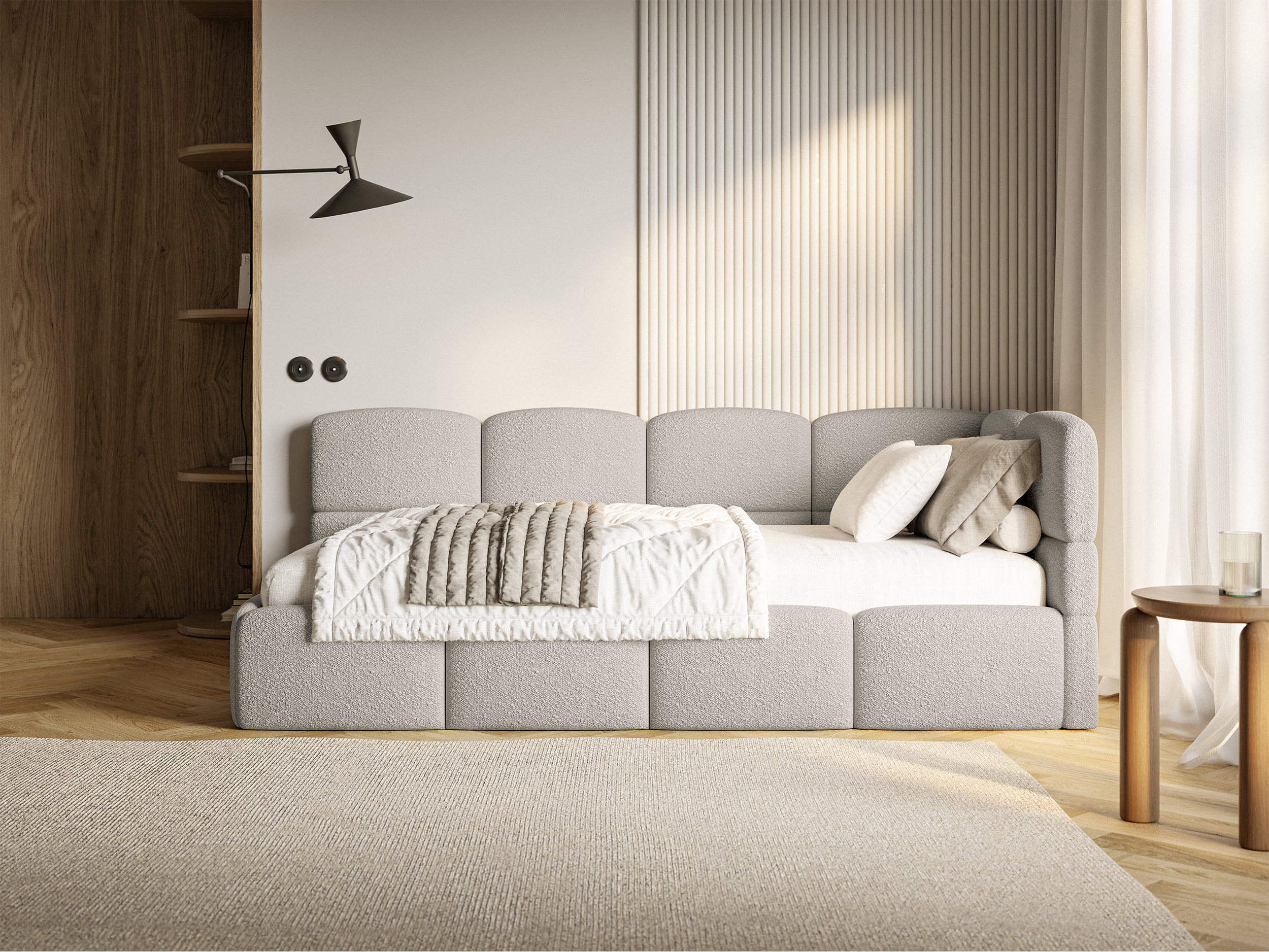 Łóżko młodzieżowe 90x200 cm Cloudy prawostronne z pojemnikiem szarobeżowe boucle