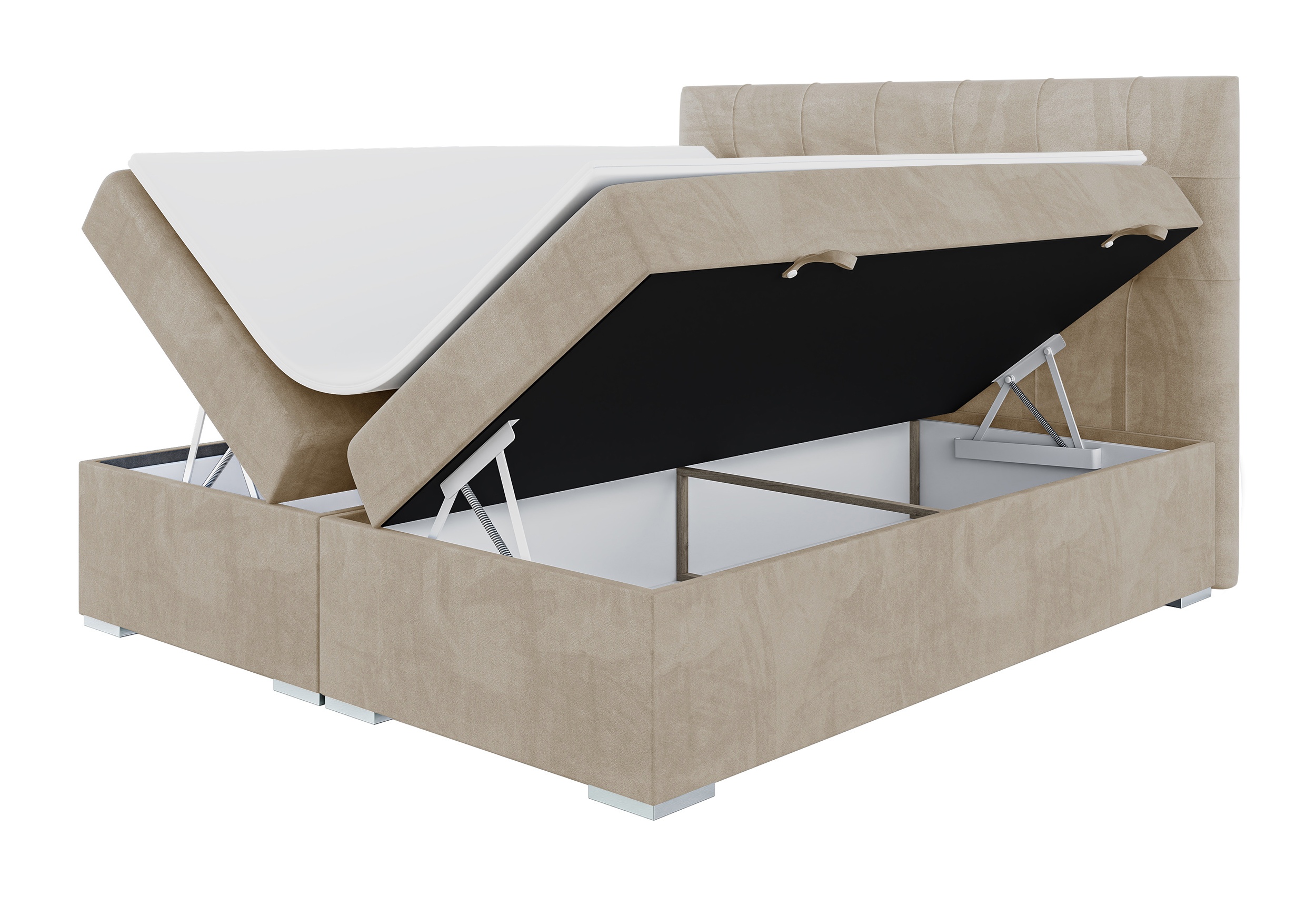 Łóżko kontynentalne 160x200 cm Tondela z pojemnikami i topperem beżowe welur hydrofobowy
