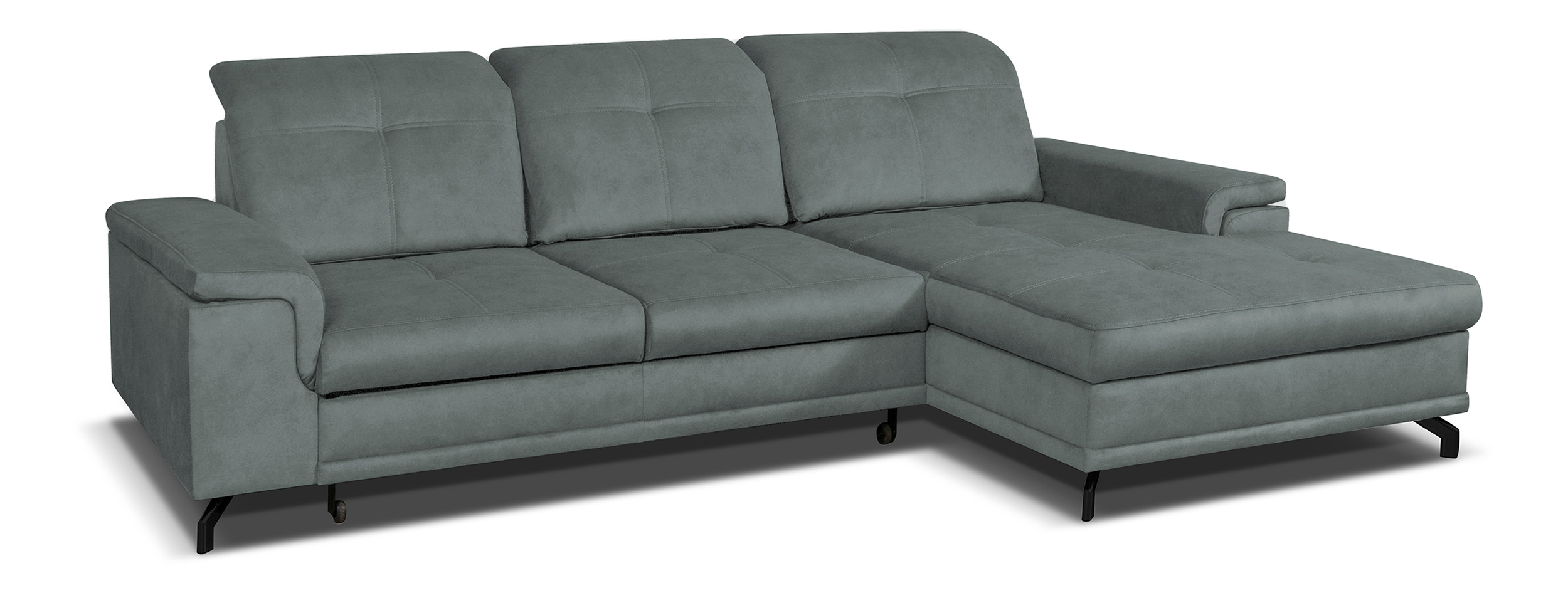 Narożnik z funkcją spania Berberati L-kształtny szary nogi czarne velvet hydrofobowy z pojemnikiem prawostronny