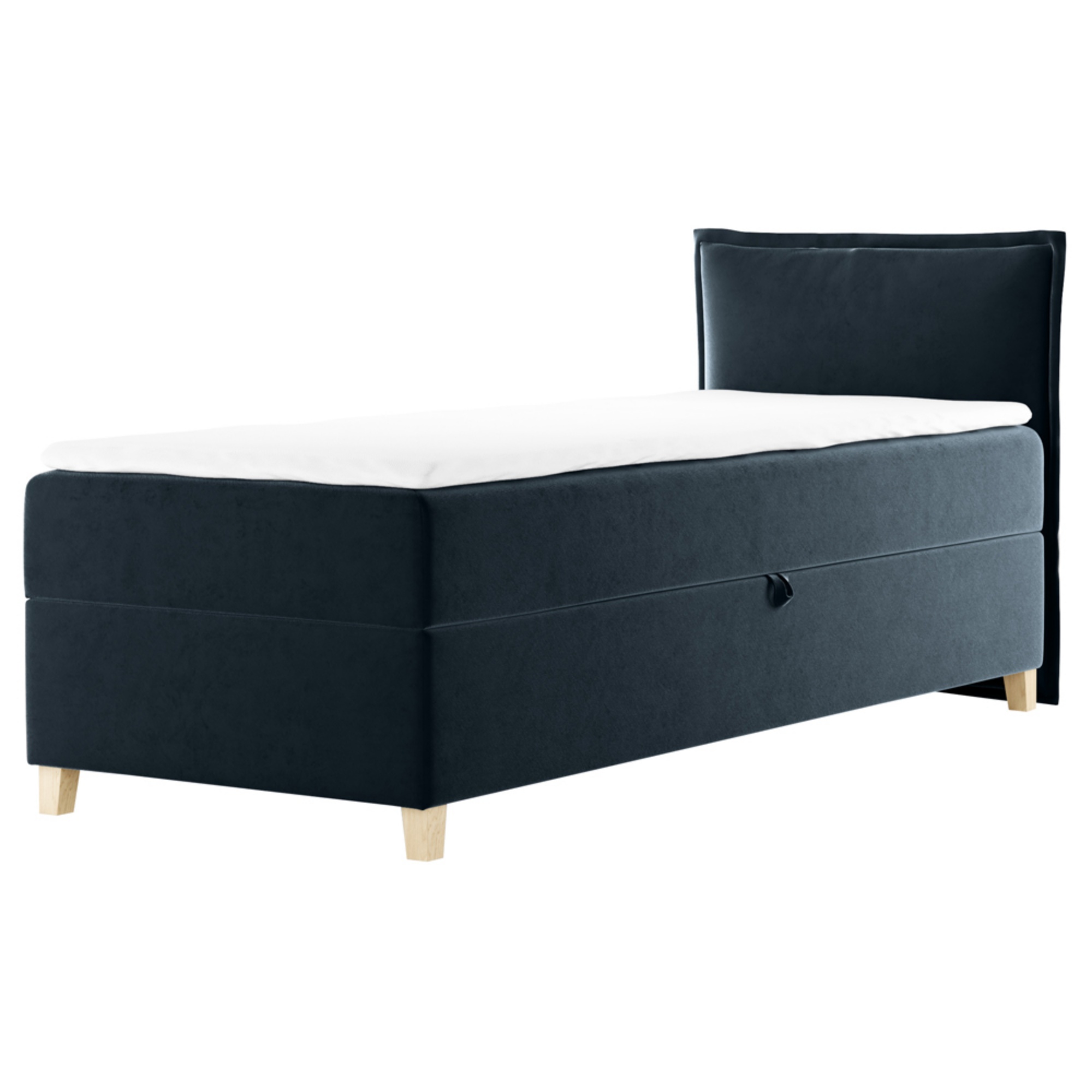 Łóżko kontynentalne 100x200 cm Froncle z pojemnikiem i topperem jednoosobowe granatowe prawostronne - zdjęcie 1