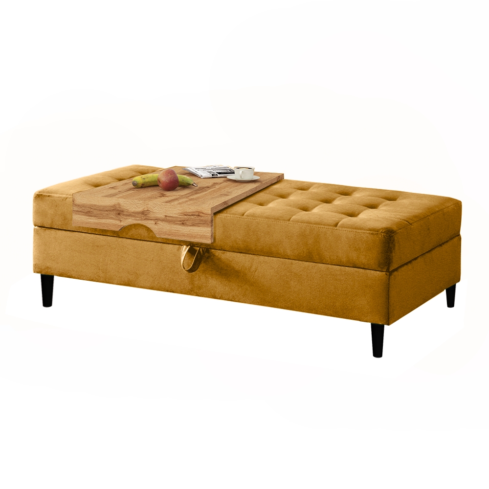 Pufa musztardowa Kopenhaga w tkaninie hydrofobowej na drewnianych nóżkach czarne - zdjęcie 1