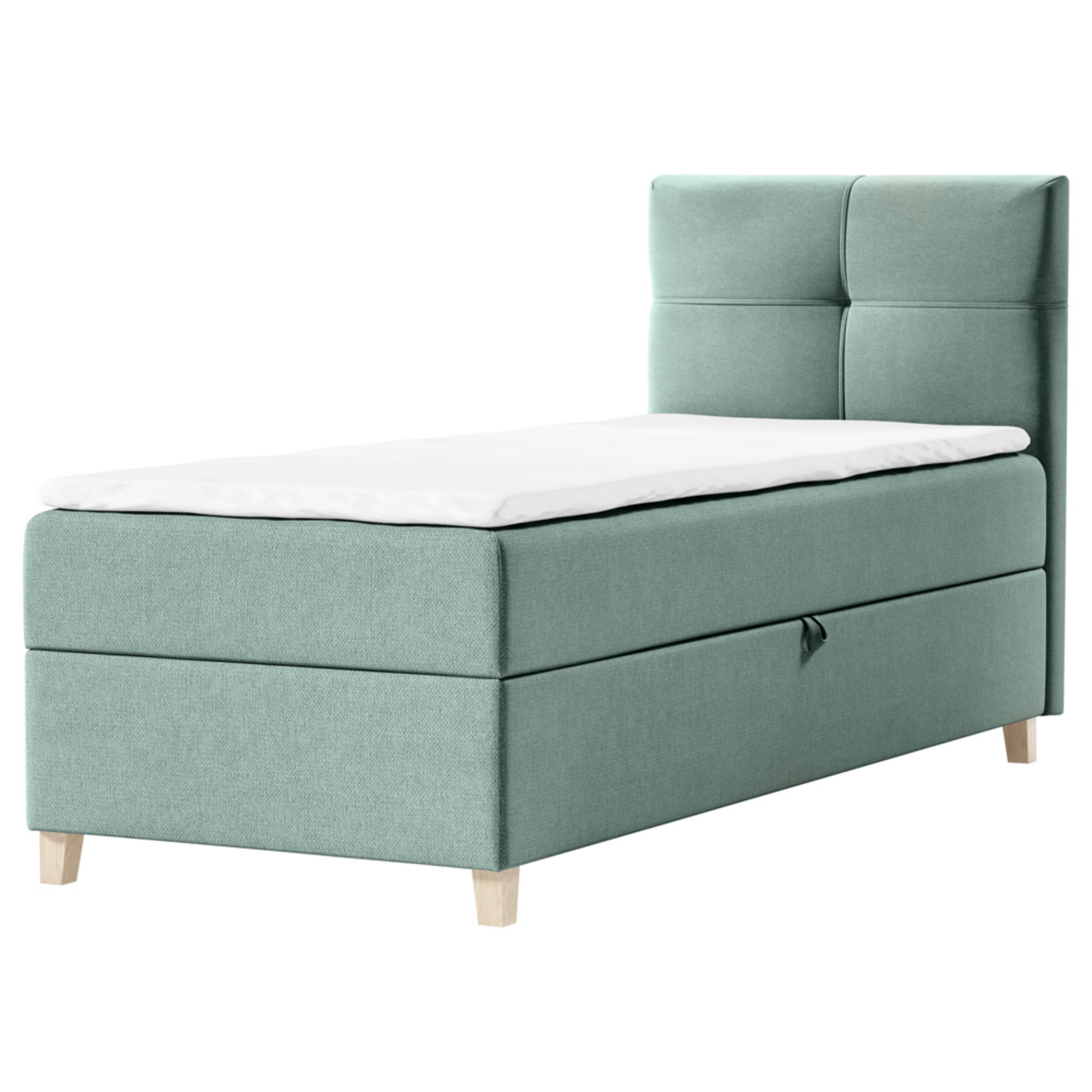 Łóżko kontynentalne 100x200 cm Firmini z pojemnikiem i topperem jednoosobowe miętowe prawostronne - zdjęcie 1