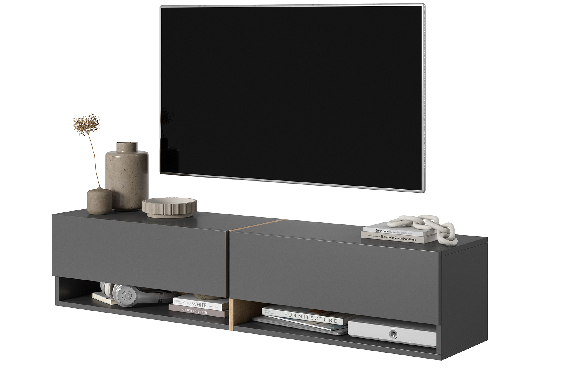 Szafka RTV Mirrgo 140 cm grafitowa ze wstawkami dąb artisan - zdjęcie 1