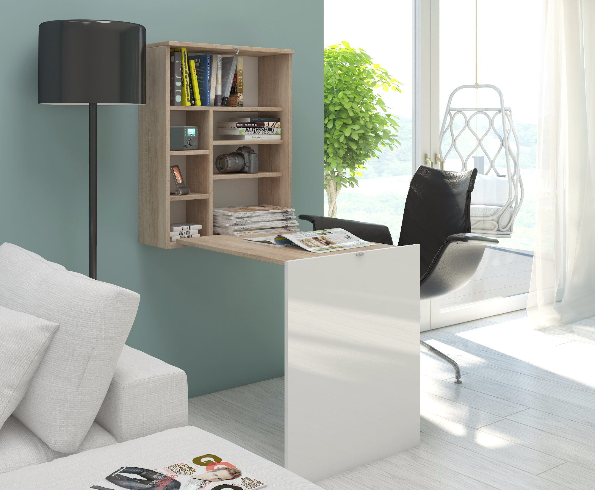 Biurko Function 93x60 cm Dąb sonoma jasny / Biały połysk - zdjęcie 1