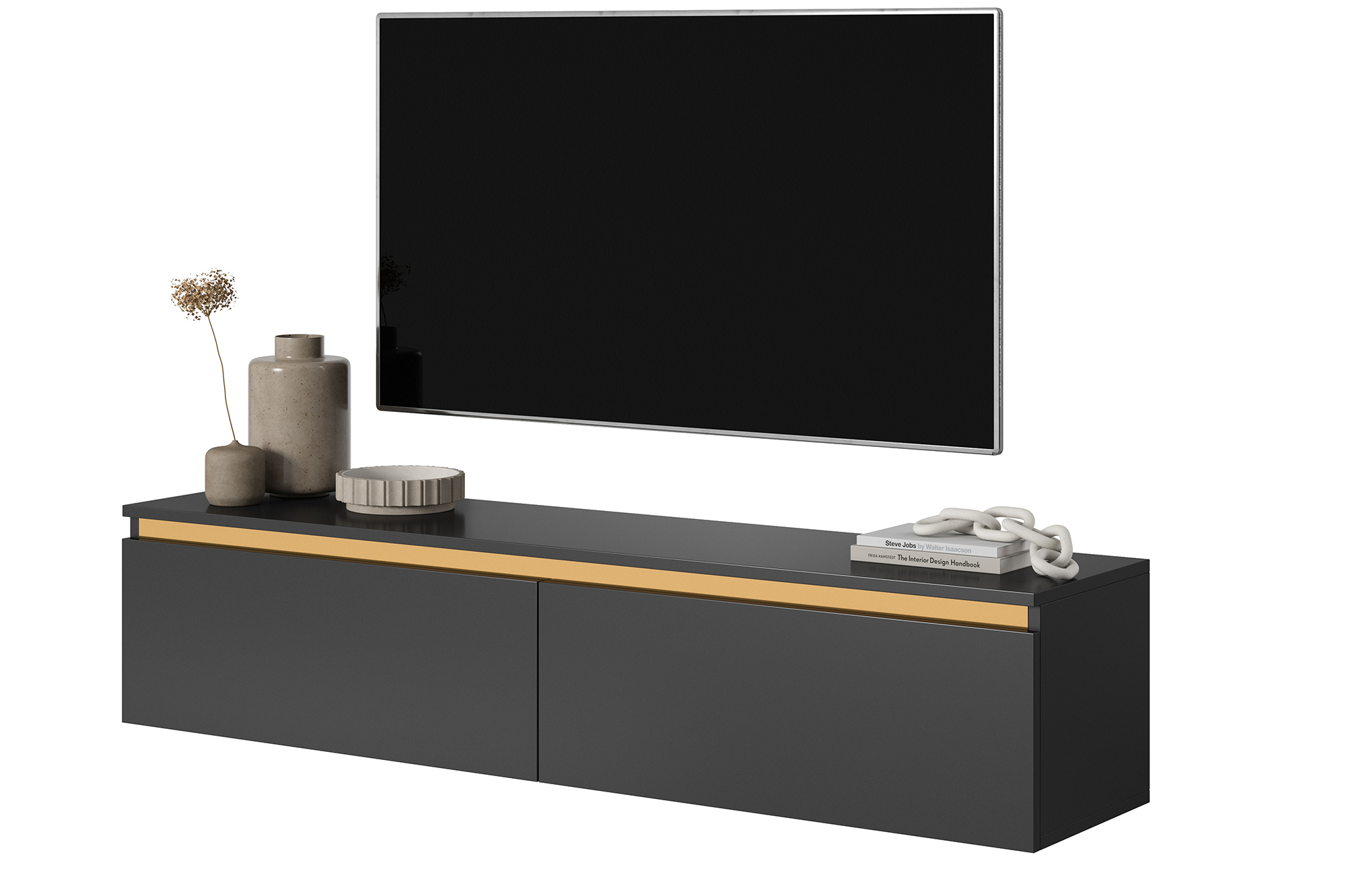 Szafka RTV Seney 140 cm czarna ze złotą listwą - zdjęcie 1