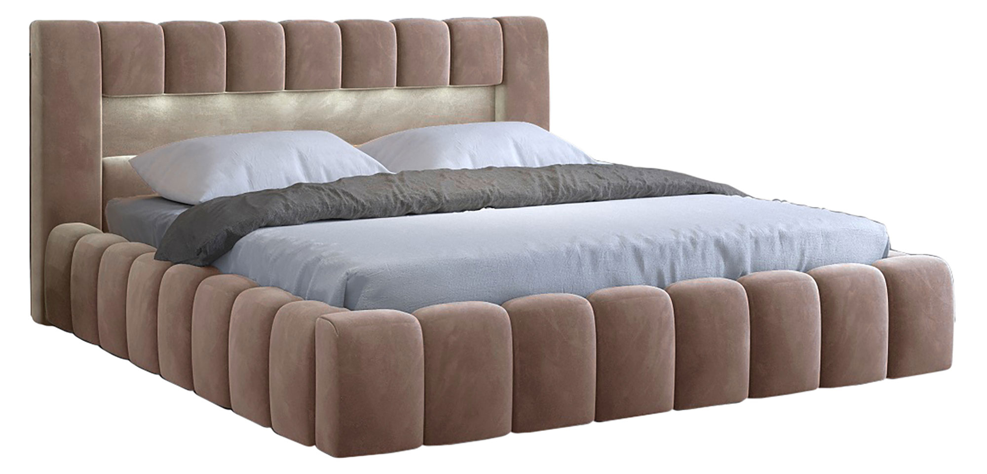 Łóżko tapicerowane 180x200 cm Rodeiro z pojemnikami i oświetleniem brązowe welwet hydrofobowy - zdjęcie 1