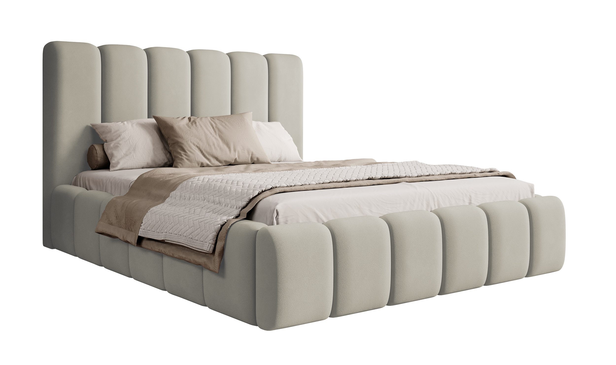 Łóżko tapicerowane 160x200 cm Biscottino szarobeżowe z pojemnikiem steleż metalowy podnośnik gazowy