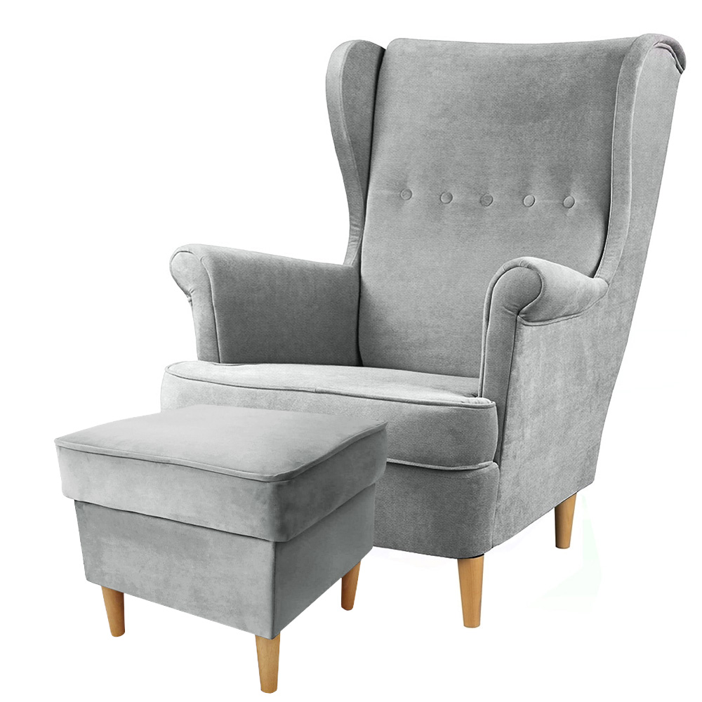 Fotel z podnóżkiem Malmo jasnoszary w tkaninie Easy Clean na bukowych nóżkach