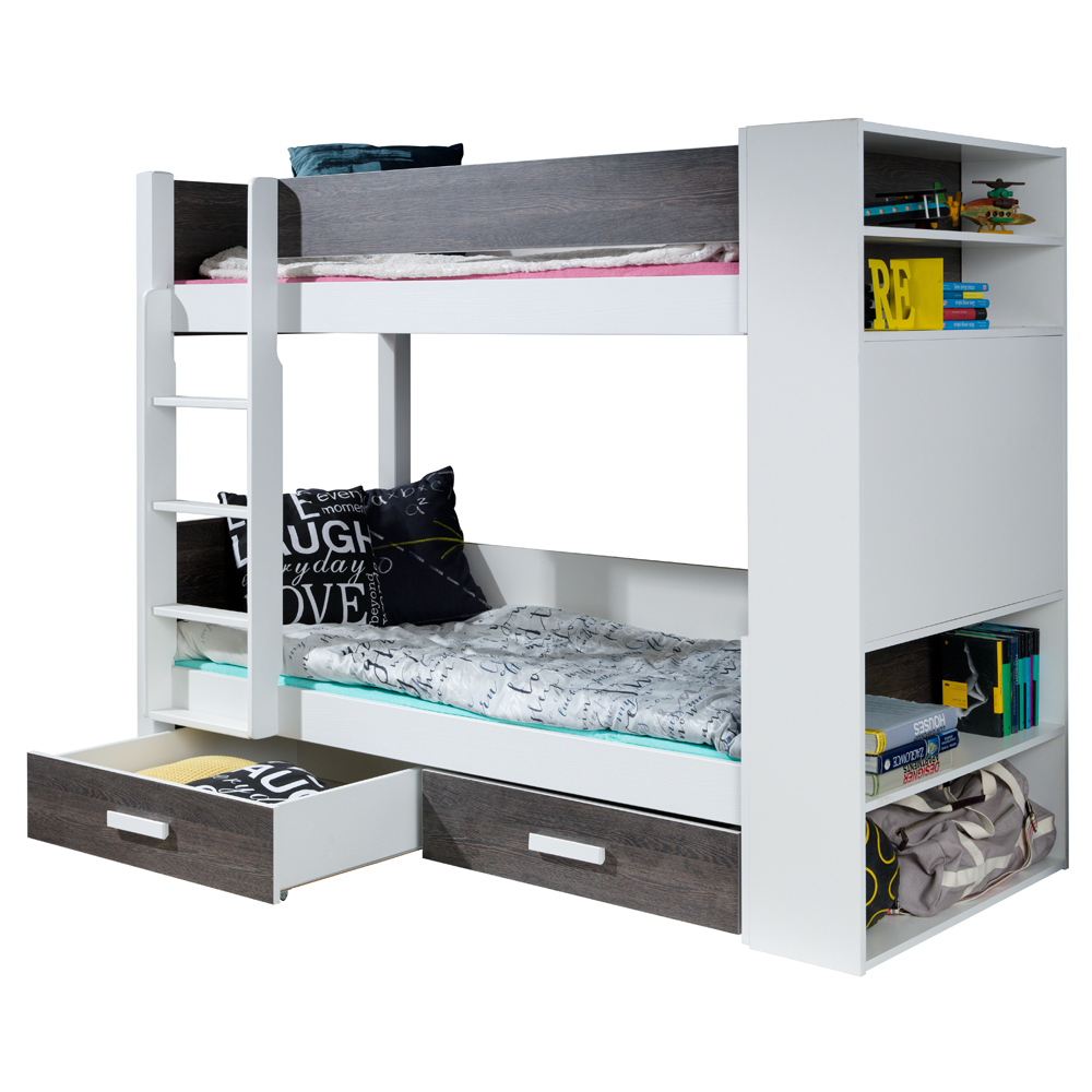 Łóżko piętrowe z dwoma posłaniami Caravez dwie szuflady i regał - zdjęcie 1