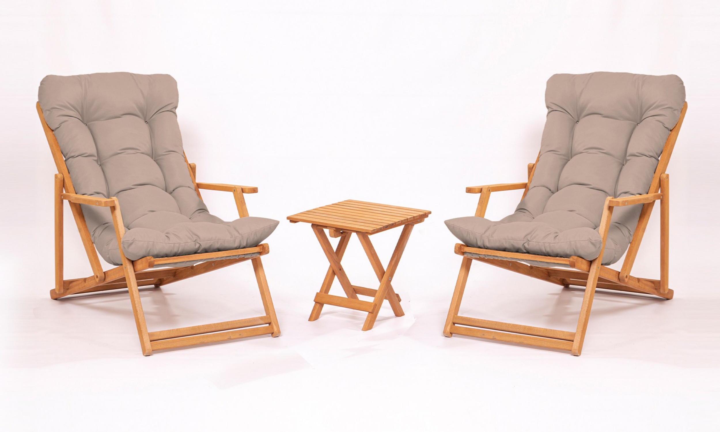 Zestaw dwóch drewnianych leżaków ogrodowych Viliess i stolika/  beżowa poducha - zdjęcie 1