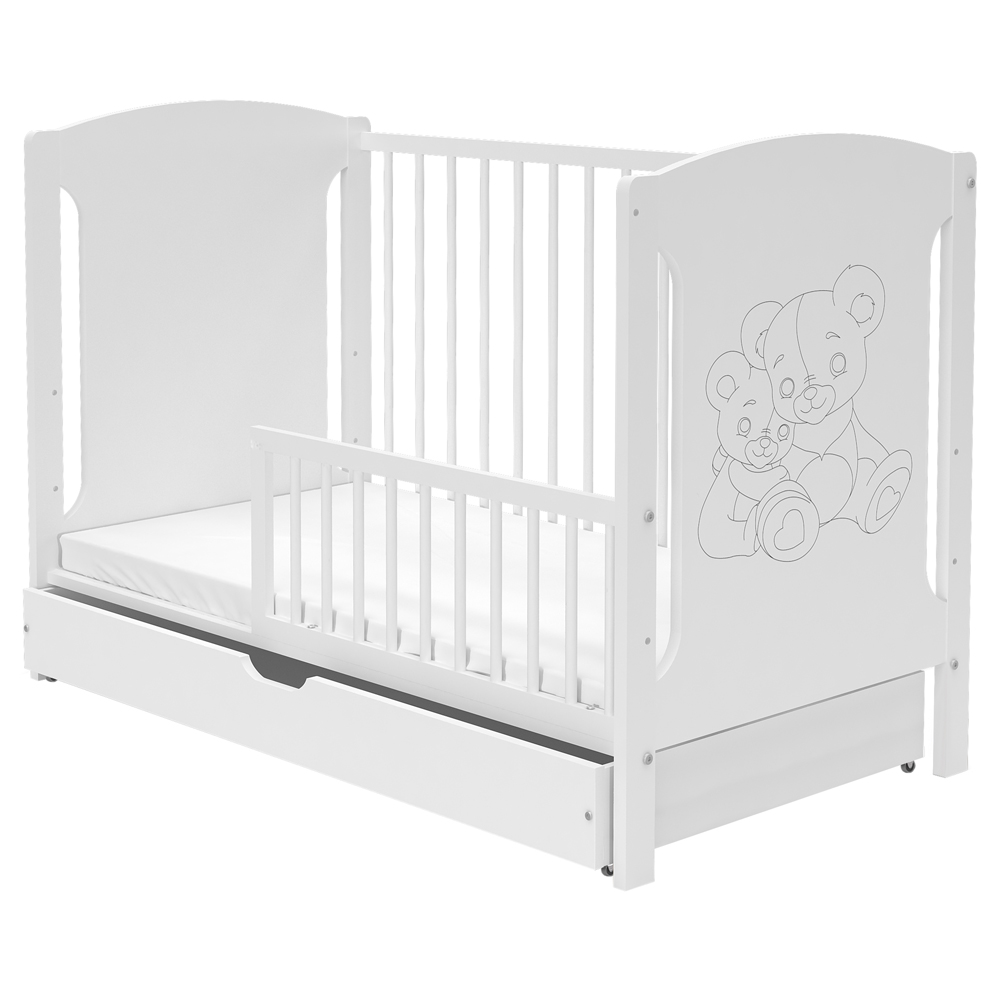 Łóżeczko dziecięce Tialka drewniane z szufladą i materacem 60x120 cm z motywem misia białe - zdjęcie 1