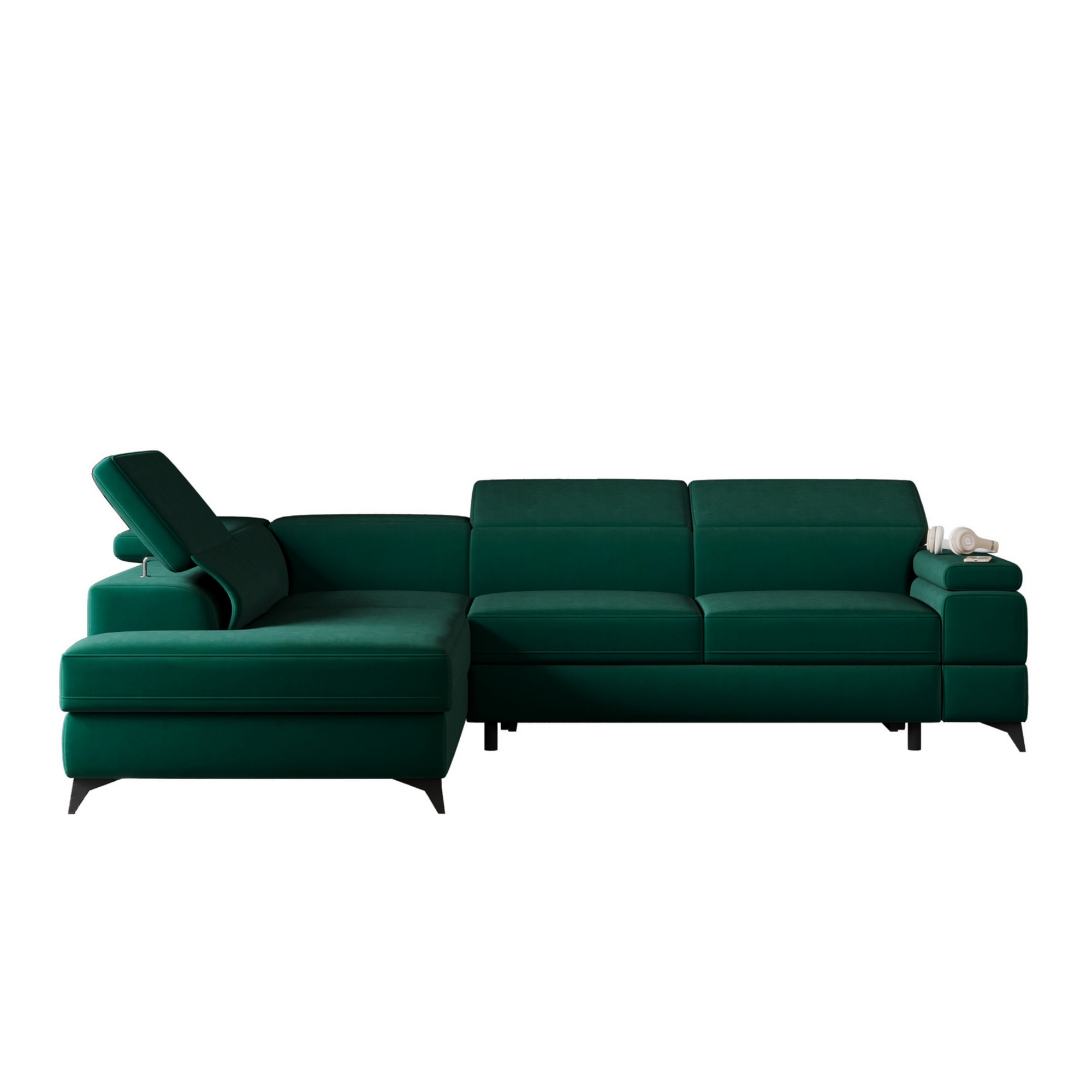 Narożnik rozkładany Fossanova L-kształtny z pojemnikiem lewostronny zielony velvet hydrofobowy i łatwoczyszczący