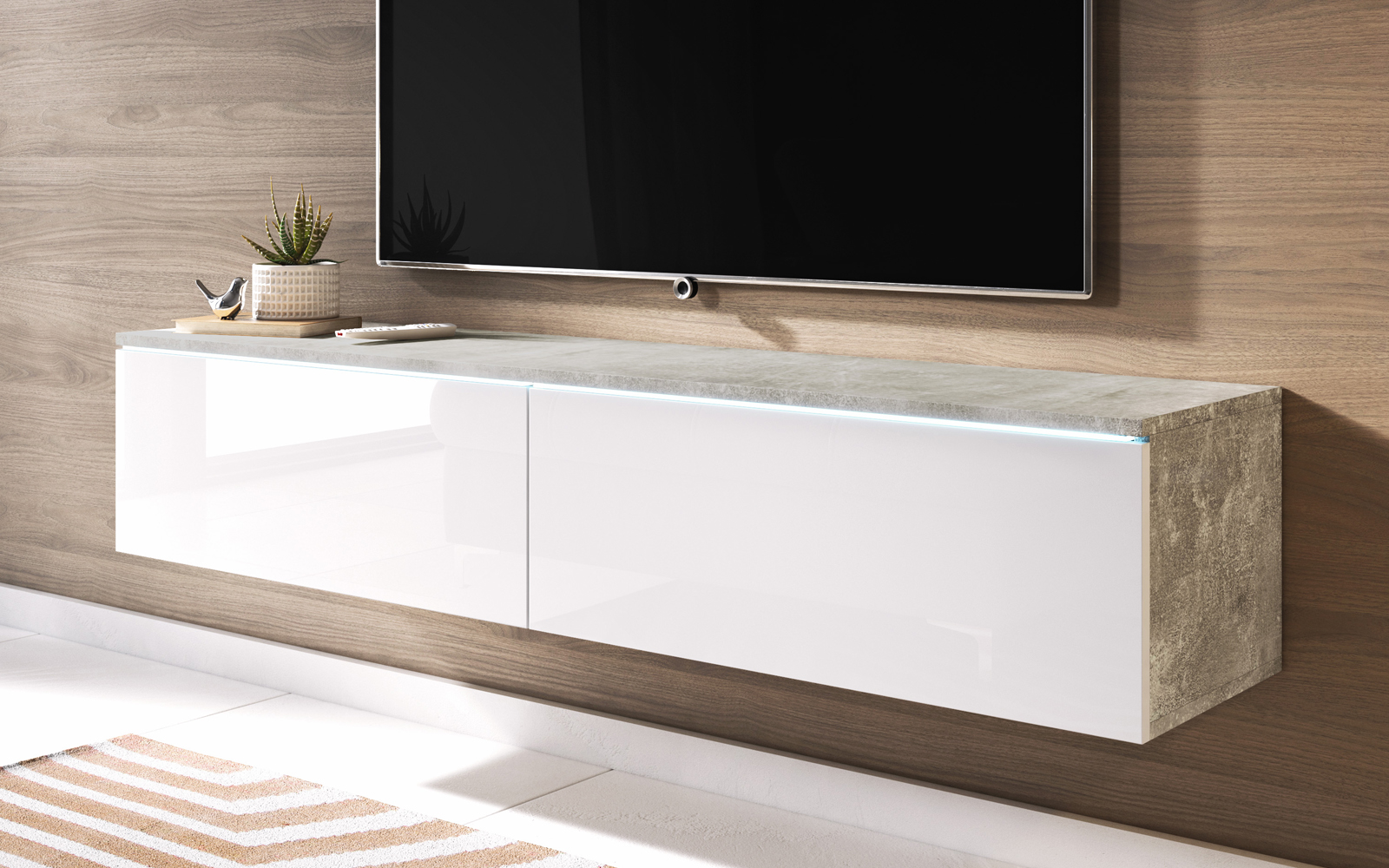 Szafka RTV Kane 140 cm Beton / Biały połysk  - zdjęcie 3