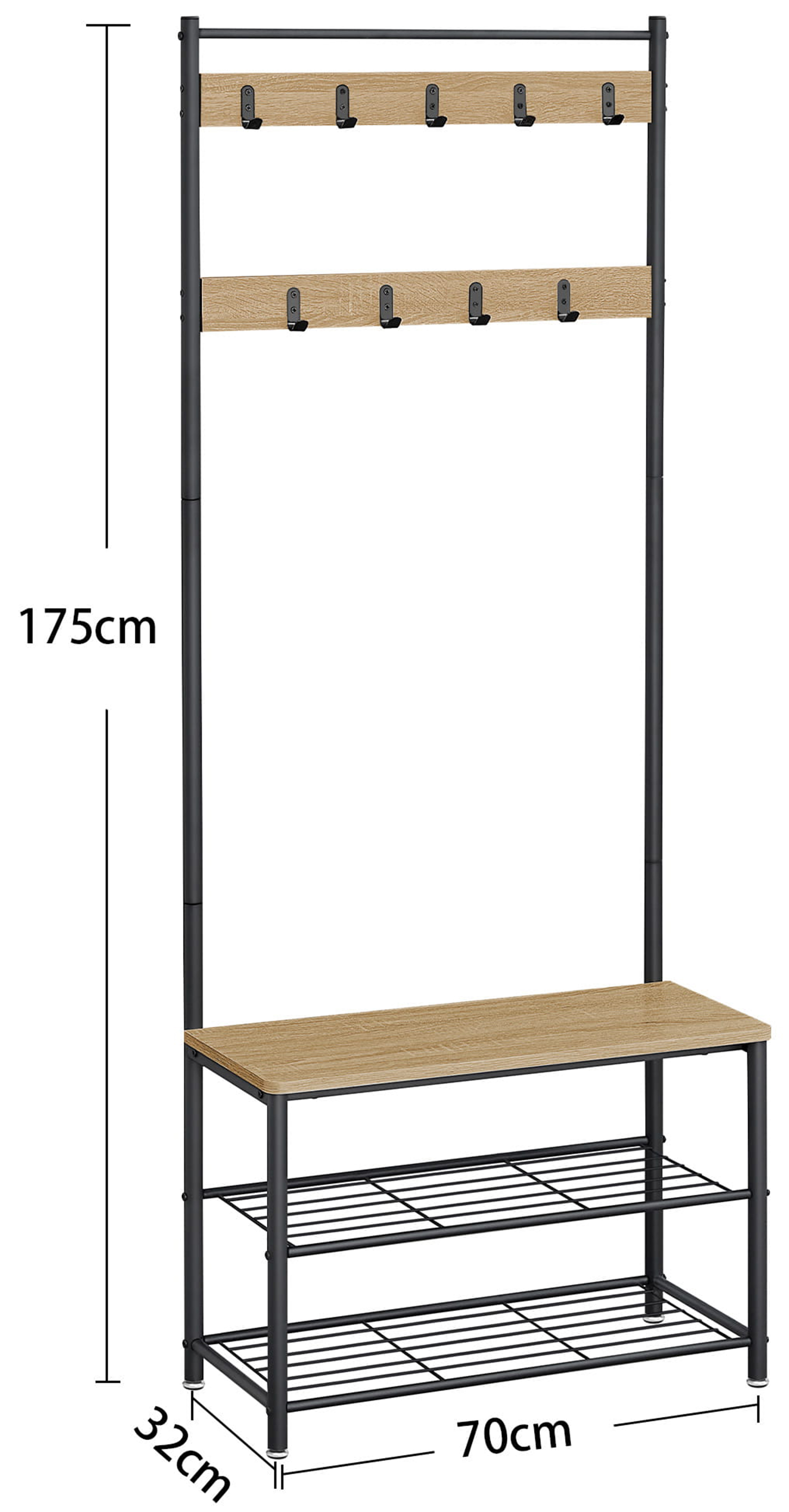 Wieszak stojący Sonvero z dwiema półkami 175 cm czarny