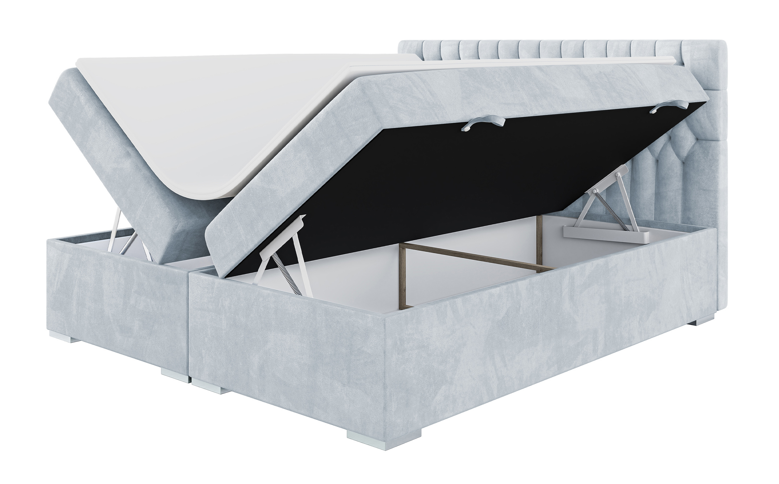 Łóżko kontynentalne 140x200 cm Persival z pojemnikami i topperem błękitne welur