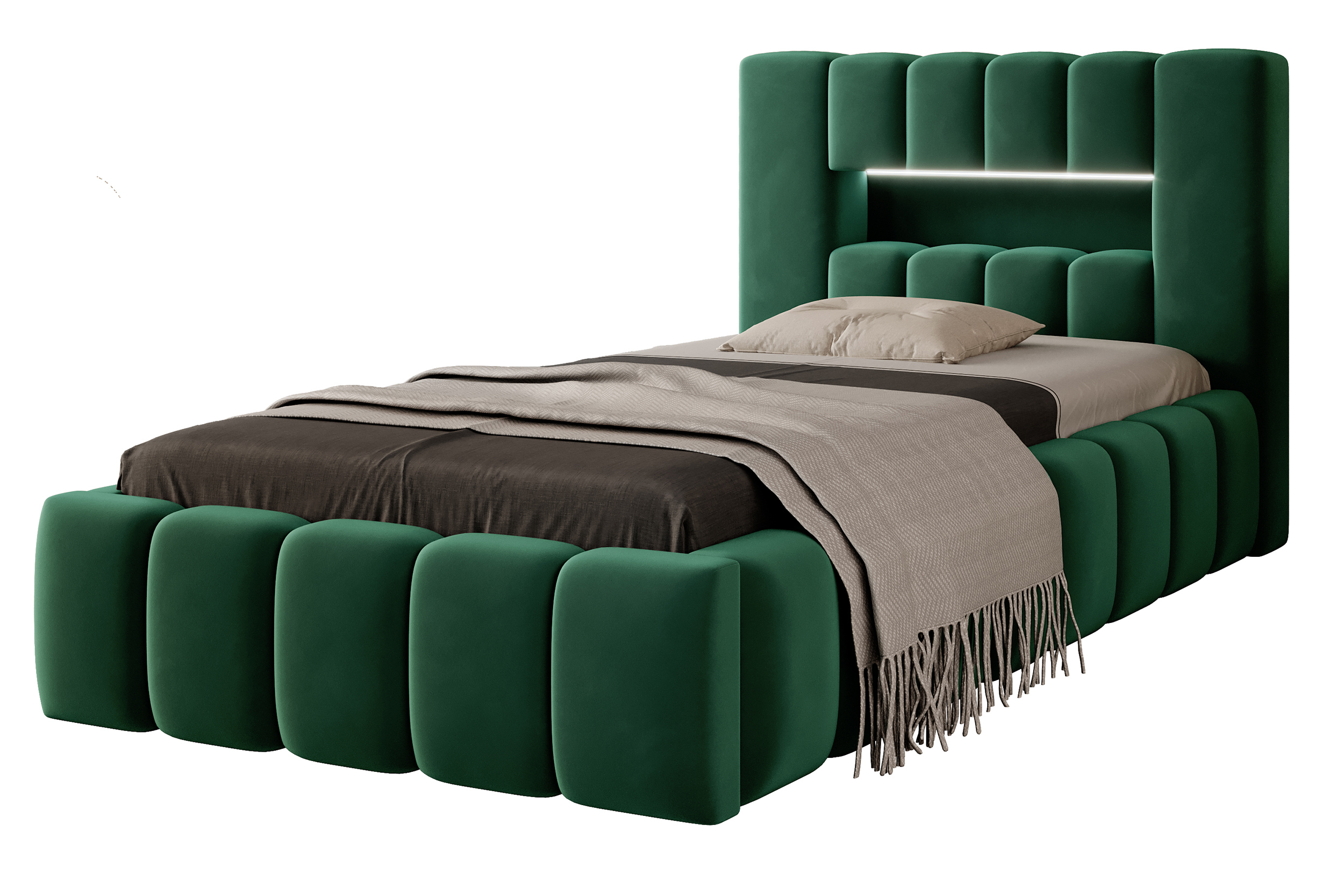 Łóżko tapicerowane 90x200 cm Rodeiro z pojemnikiem i oświetleniem zielone w tkaninie hydrofobowej - zdjęcie 1