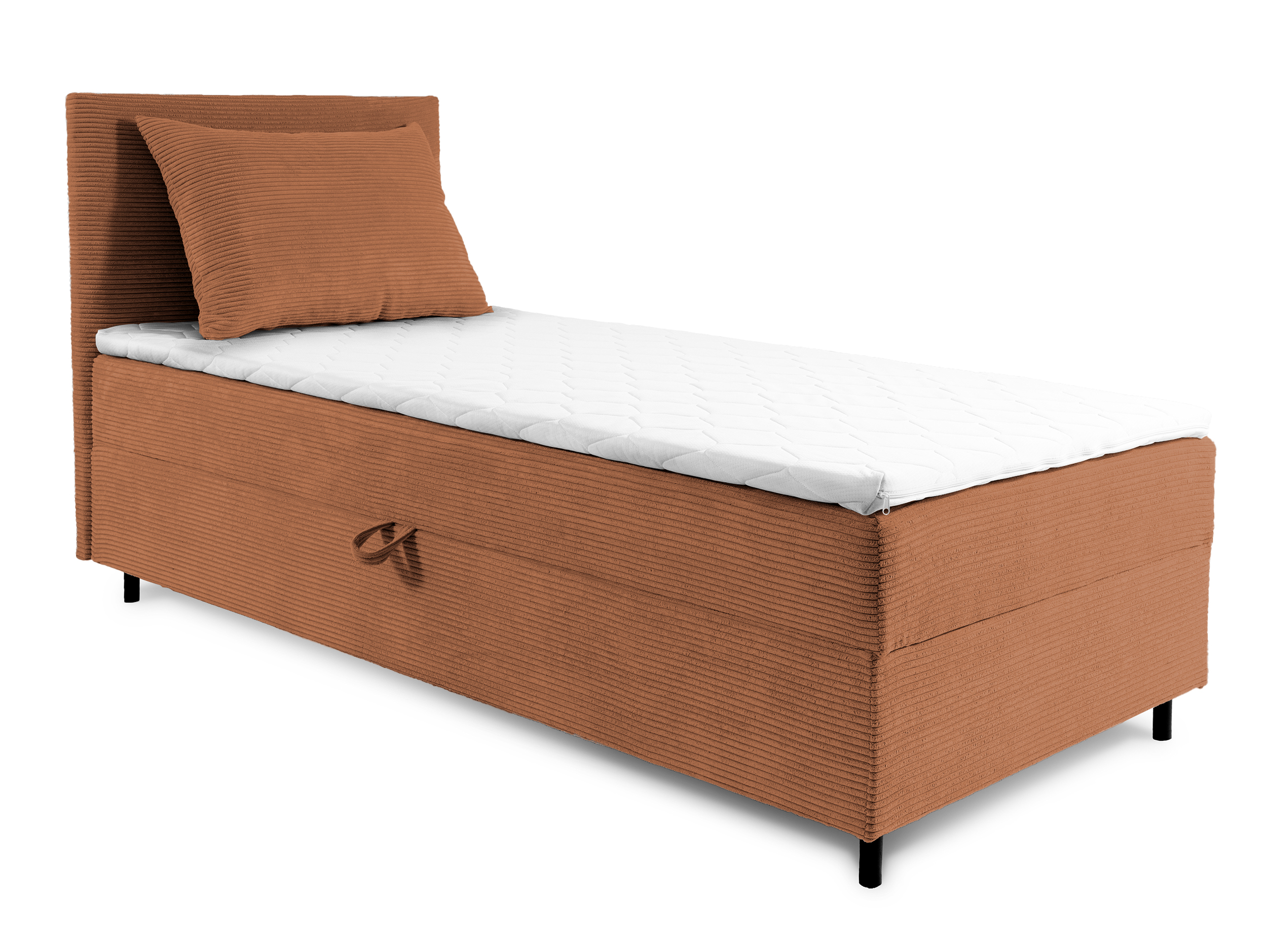 Łóżko kontynentalne jednosobowe Montigo Mini 70x200 cm z pojemnikiem, topperem i poduszką miedziane sztruks nogi czarne lewostronne - zdjęcie 1