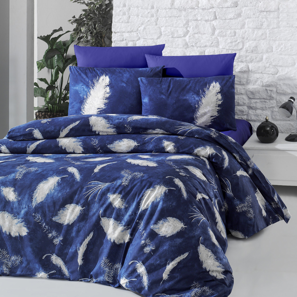 Komplet pościeli bawełnianej Tomoka 200x220 cm granatowa z motywem piór - zdjęcie 1